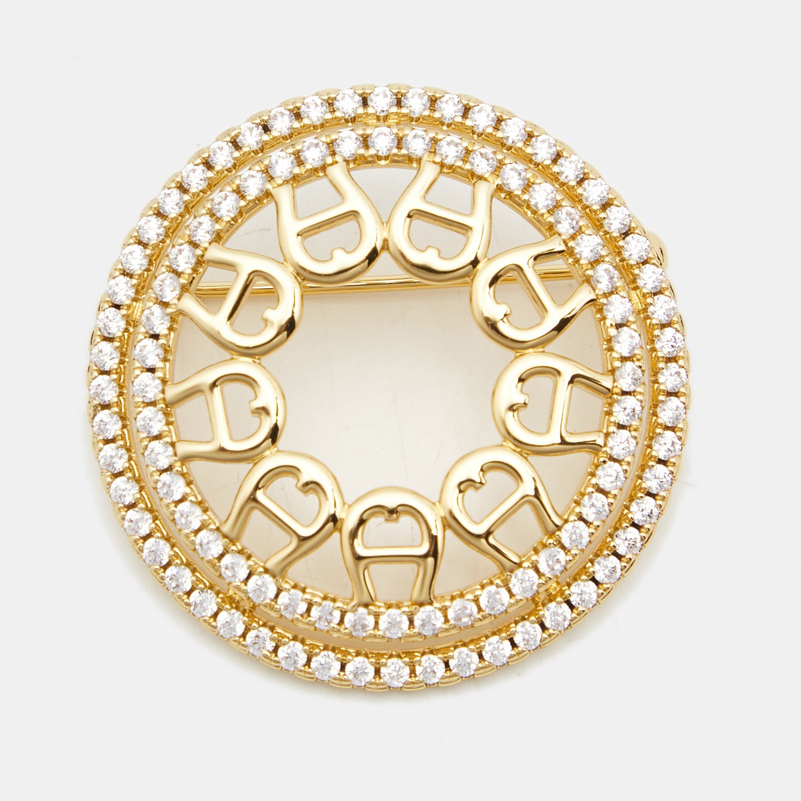 Aigner Logo Crystal Gold Tone Brooch