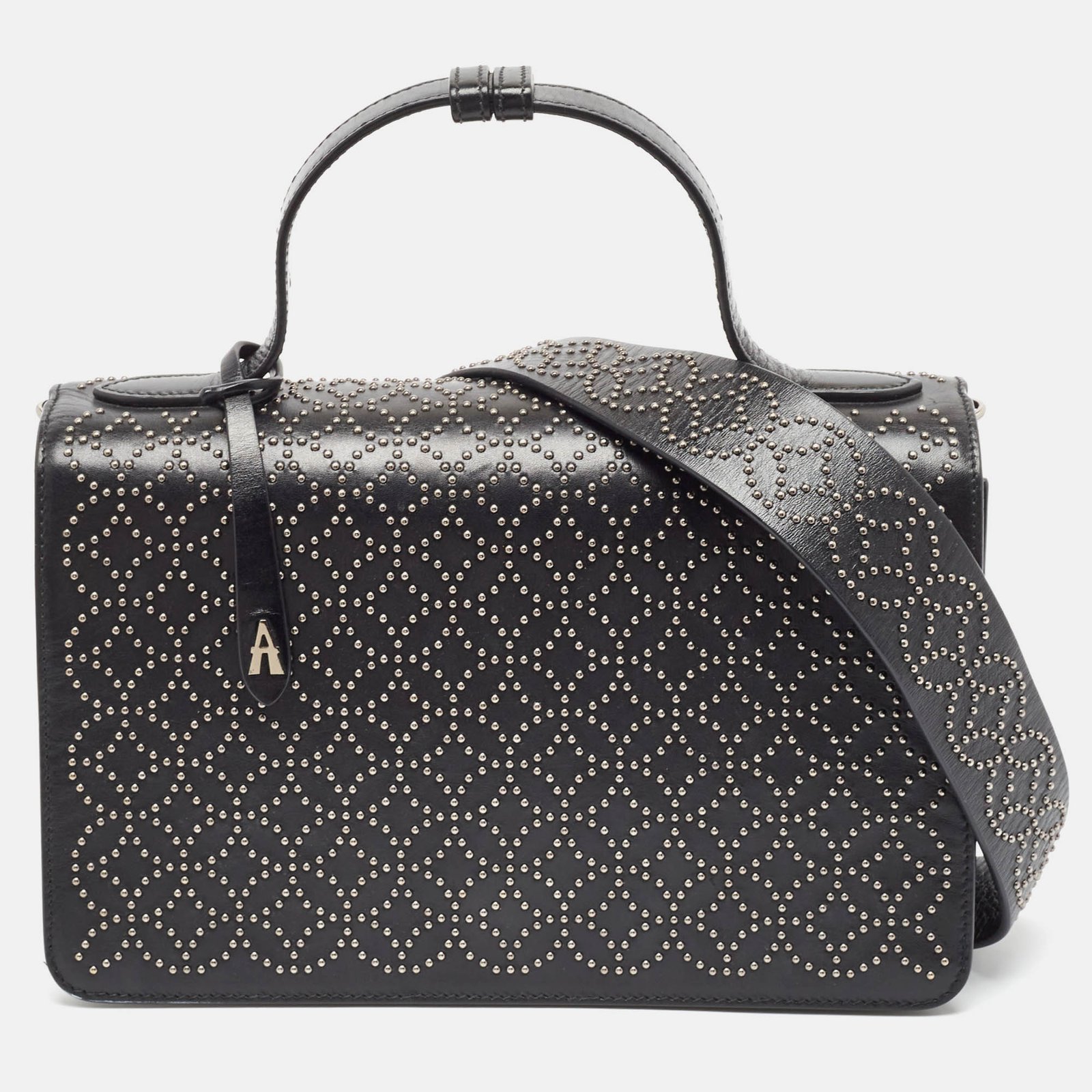 Alaia Black Leather Studded Franca Top Handle Bag