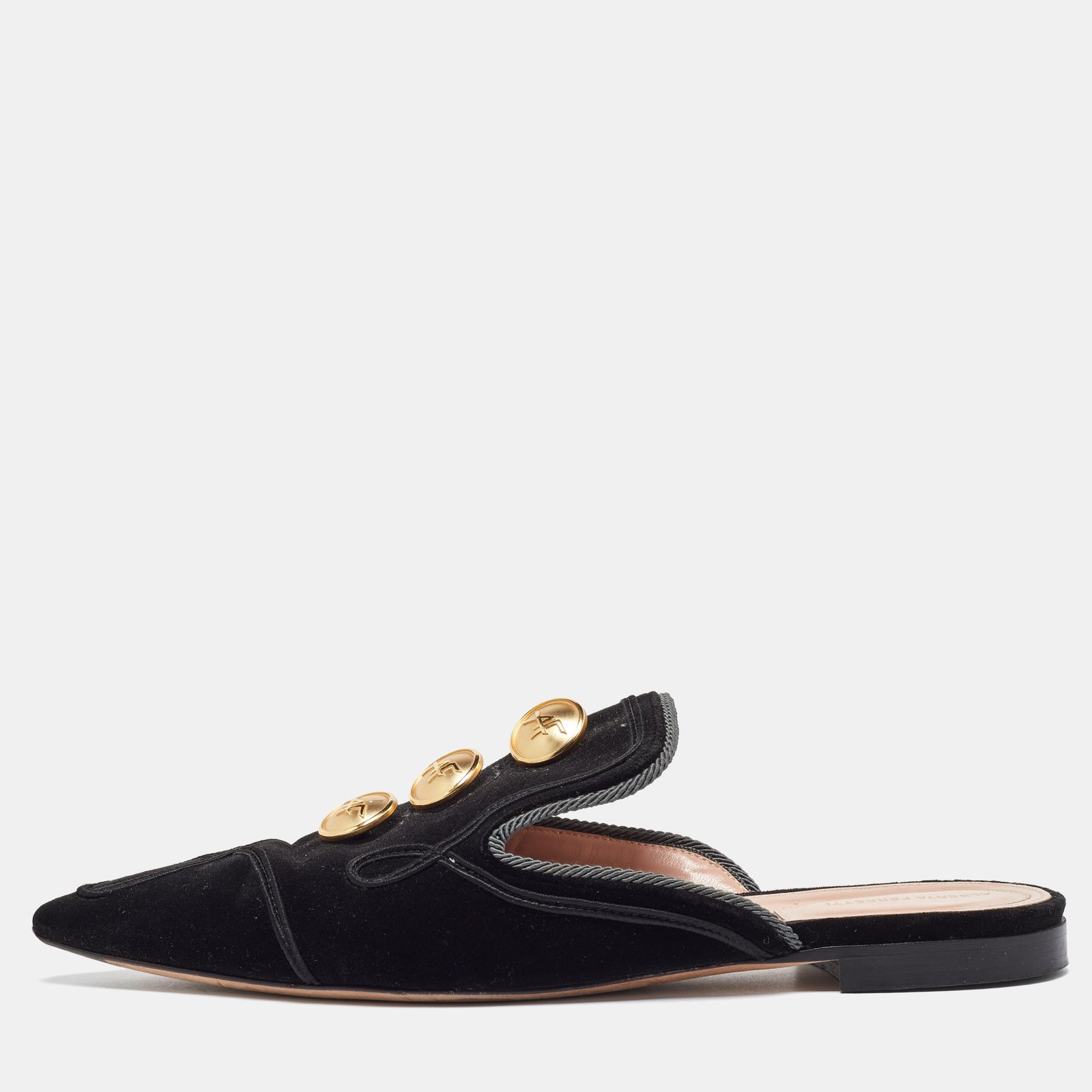 Alberto Fermani Black Velvet Buttons Embellished Flat Mules Size 38