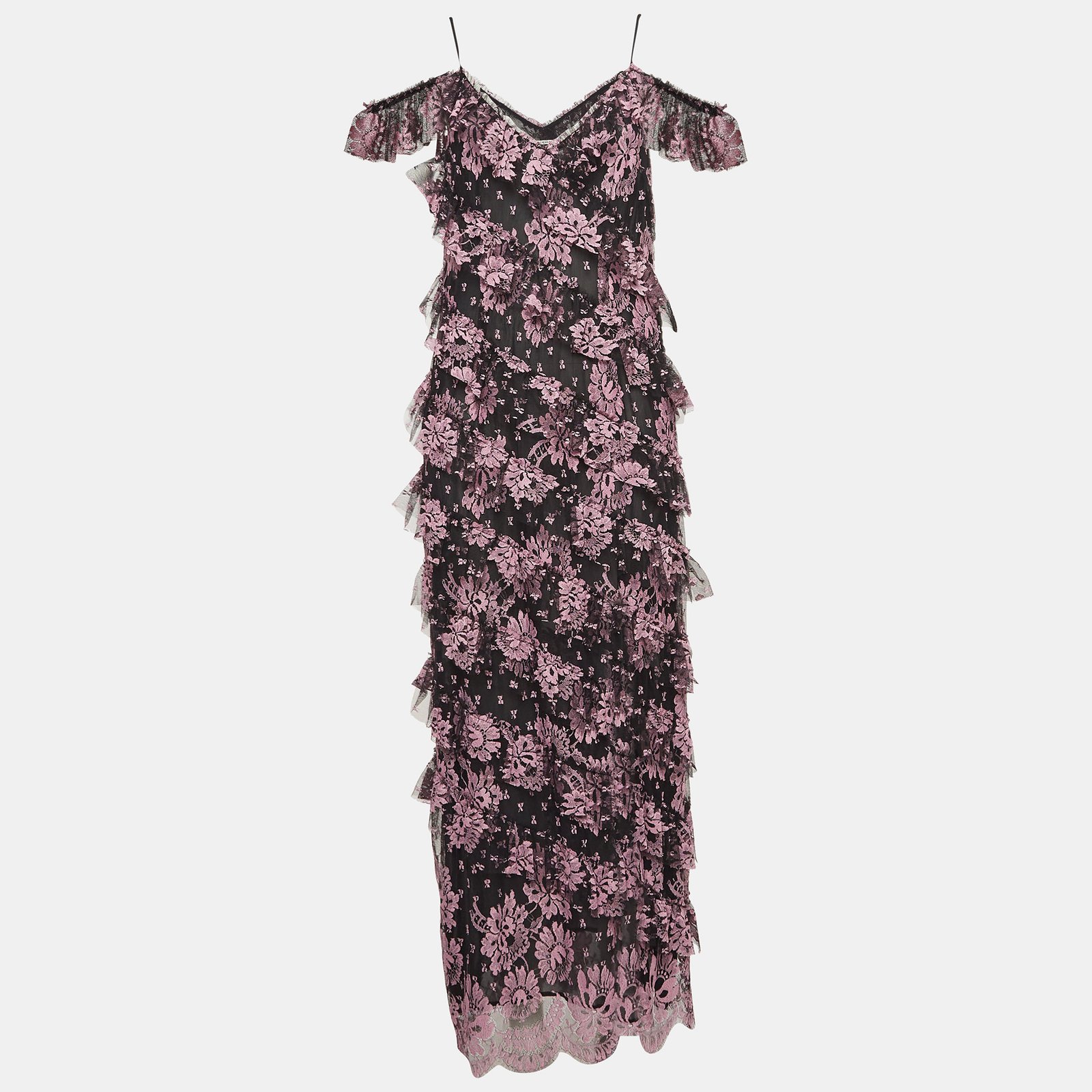 Alessandra Rich Black Floral Lace Ruffled Mid Dress M