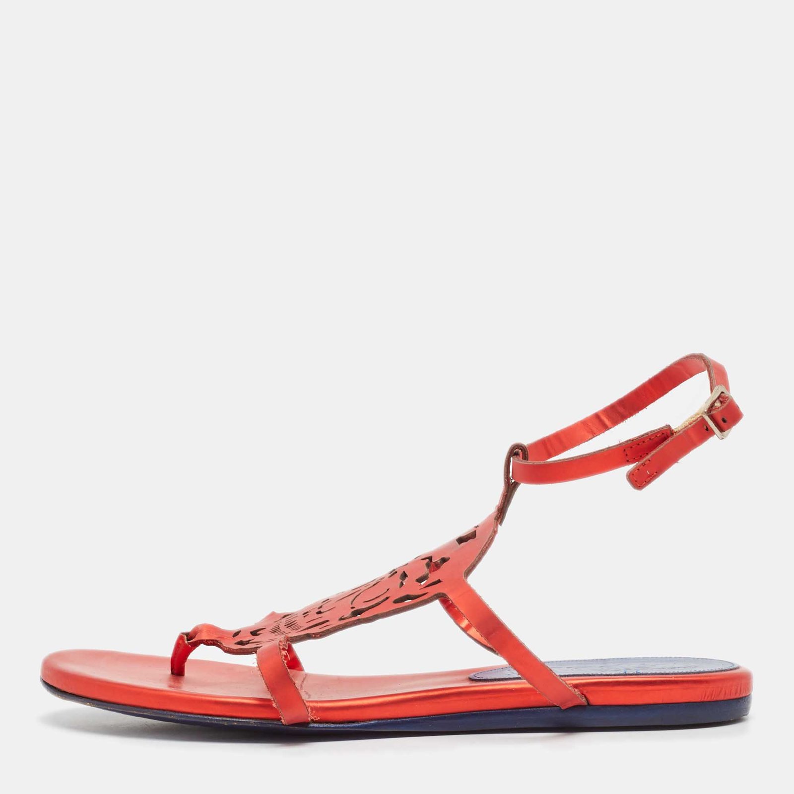 Alexander McQueen Red Leather Ankle Strap Flat Sandals Size 37