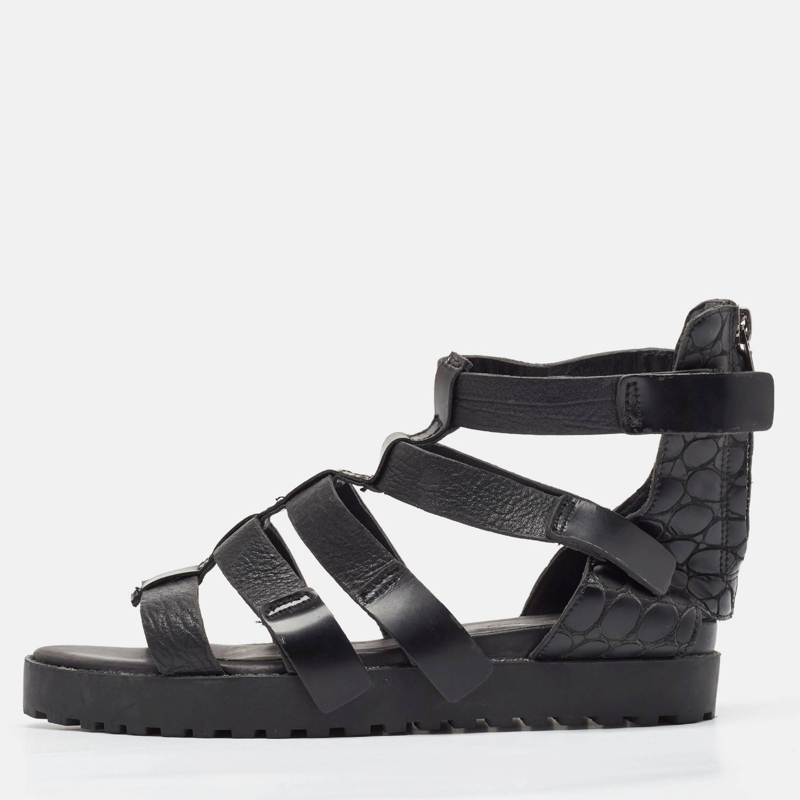Alexander Wang Black Croc Embossed Leather and Faux Lizard Leather Flat Sandals Size 37
