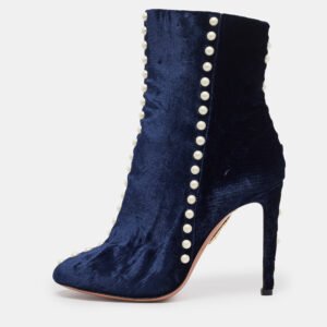 Aquazzura Navy Blue Velvet Follie Pearls Ankle Boots Size 36.5