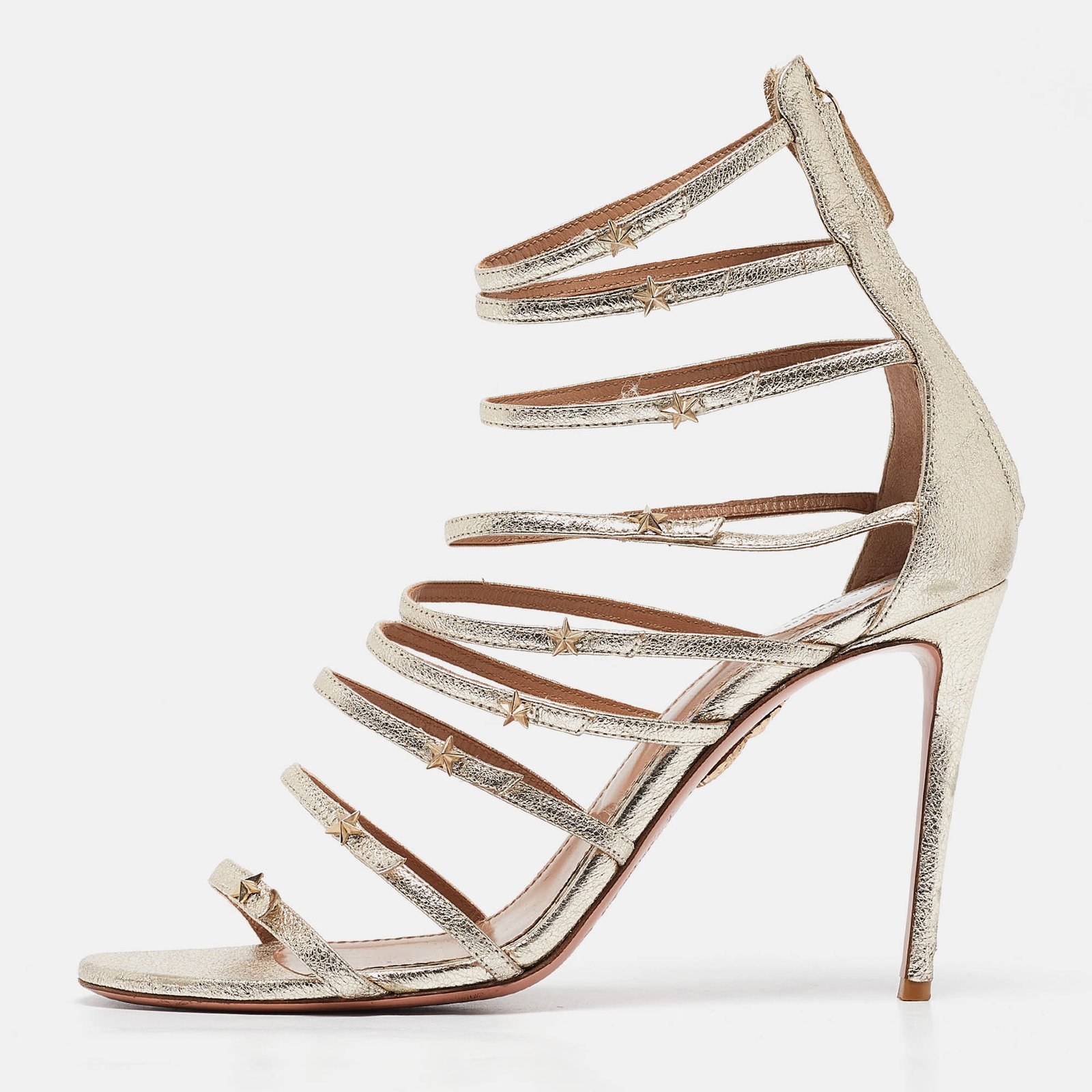 Aquazzura Gold Leather Star Studded Strappy Sandals Size 42