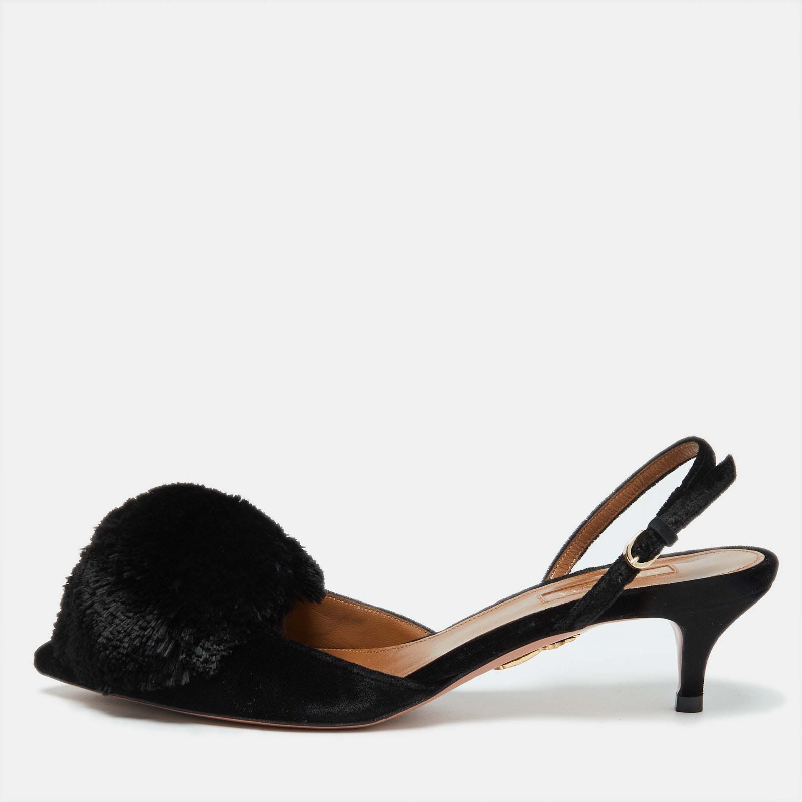 Aquazzura Black Velvet Powder Puff Pointed Toe Slingback Sandals Size 37