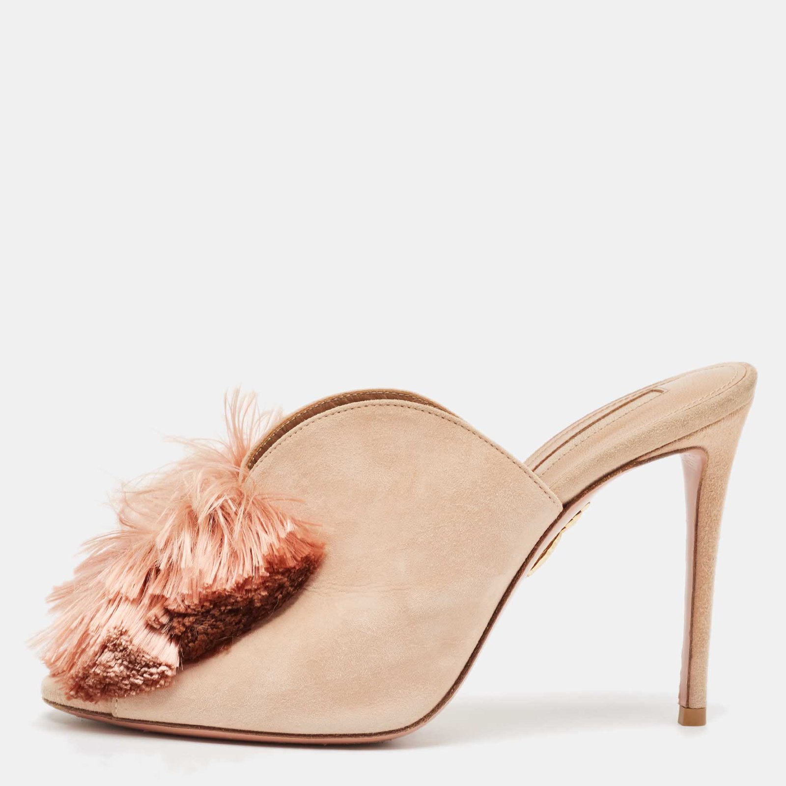 Aquazzura Light Pink Suede Lotus Blossom Peep Toe Mules Size 38