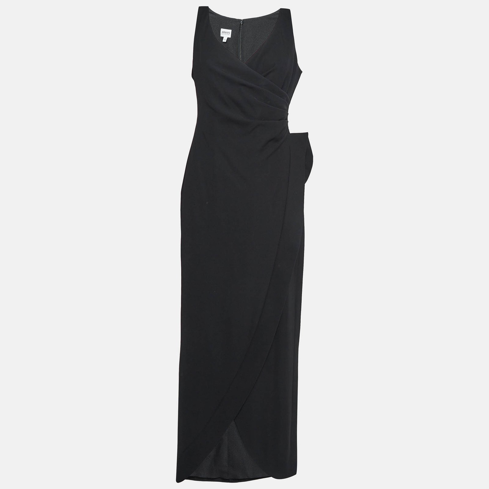 Armani Collezioni Black Crepe Pleated Faux Wrap Maxi Dress M