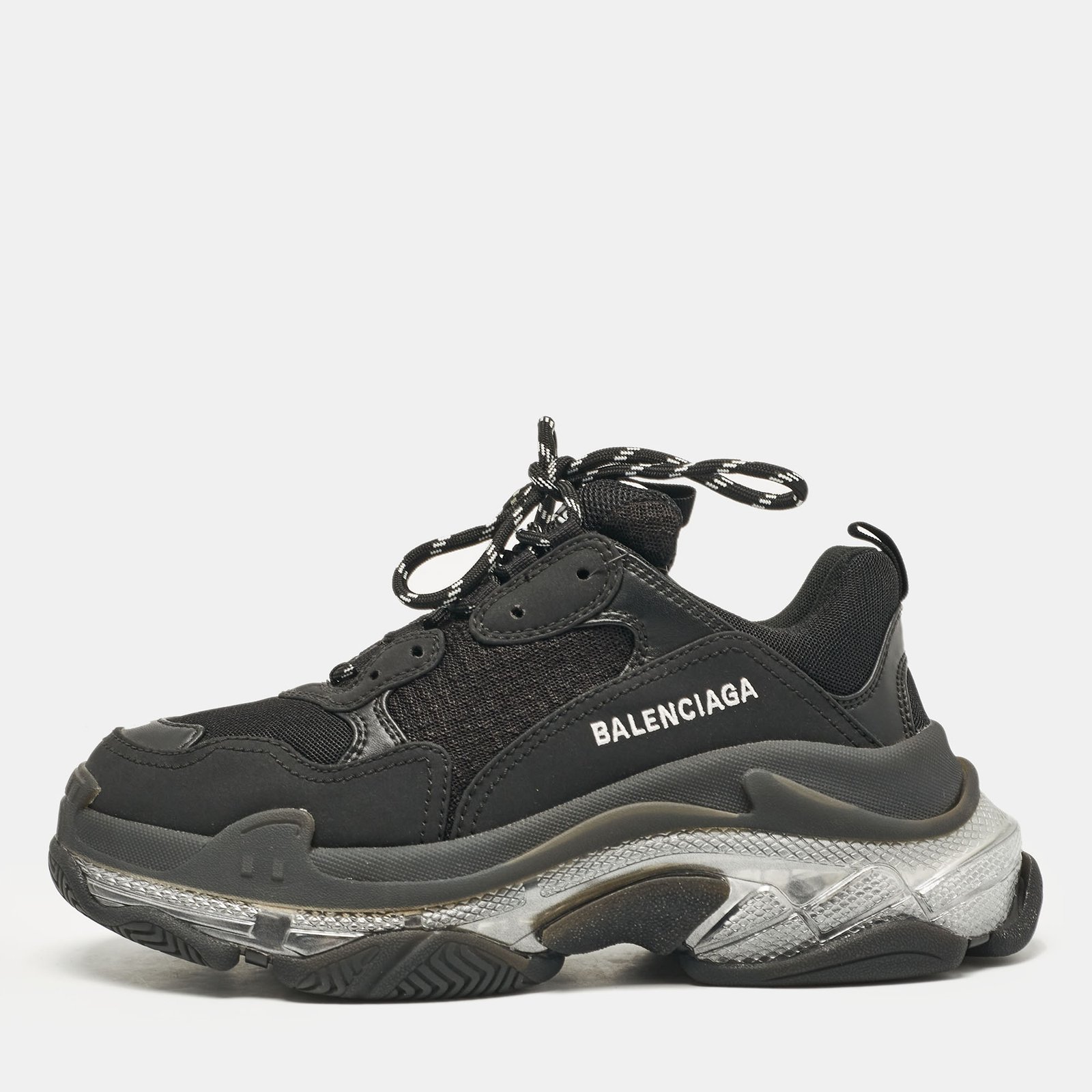 Balenciaga Black Faux Leather and Mesh Triple S Clear Sole Sneakers Size 39
