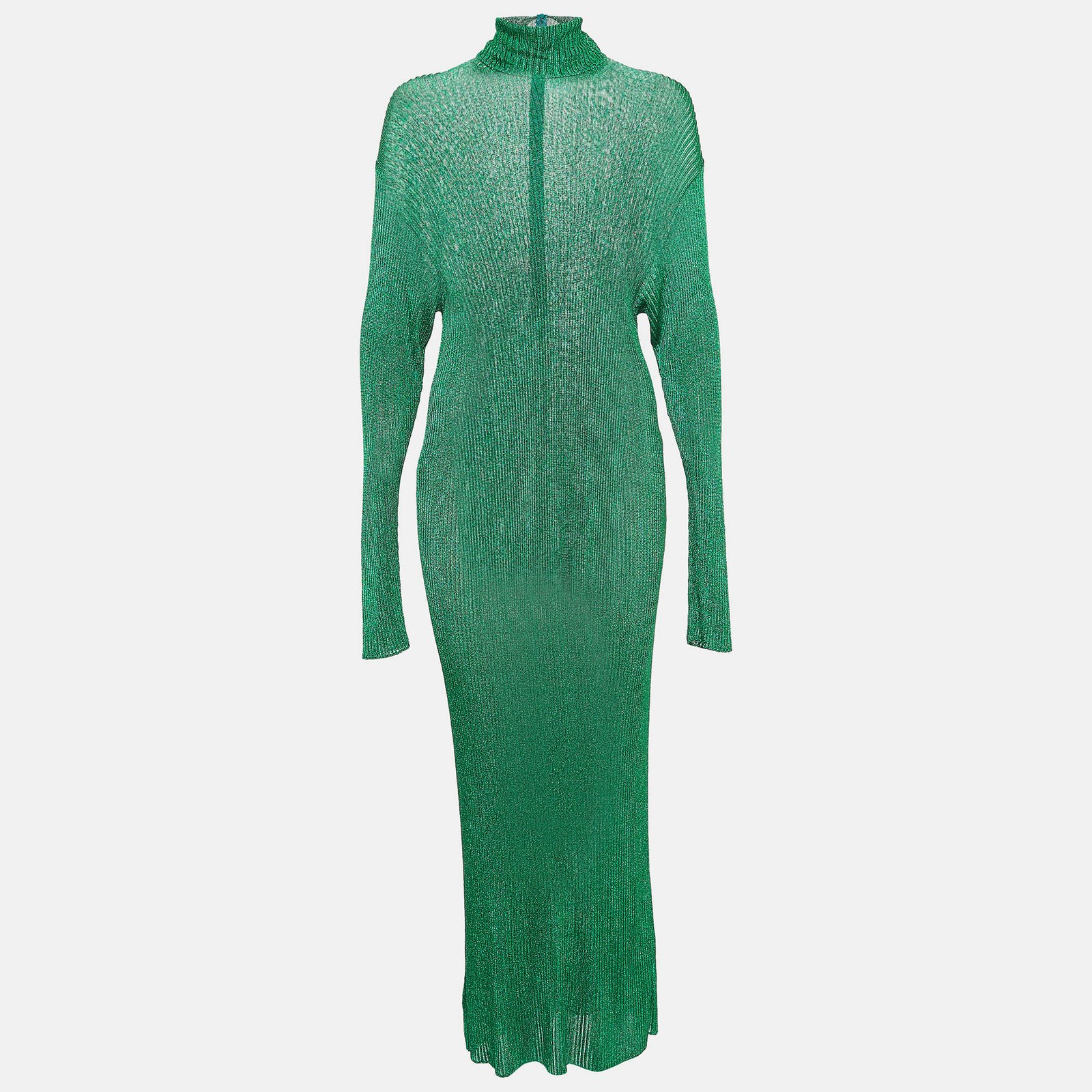 Balenciaga Green Metallic Rib Knit Turtle Neck Maxi Dress S