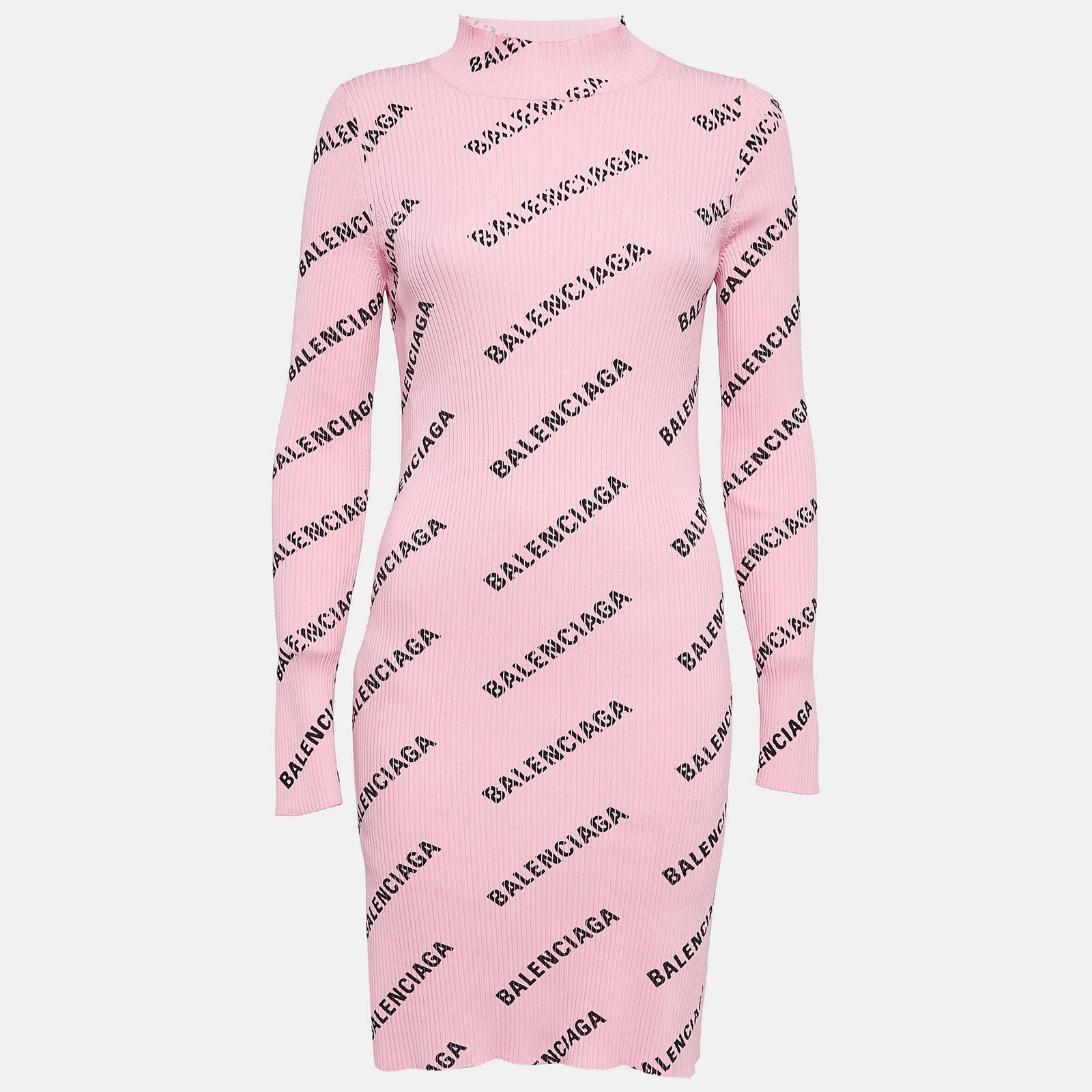 Balenciaga Pink Logo Print Rib Knit Bodycon Dress M