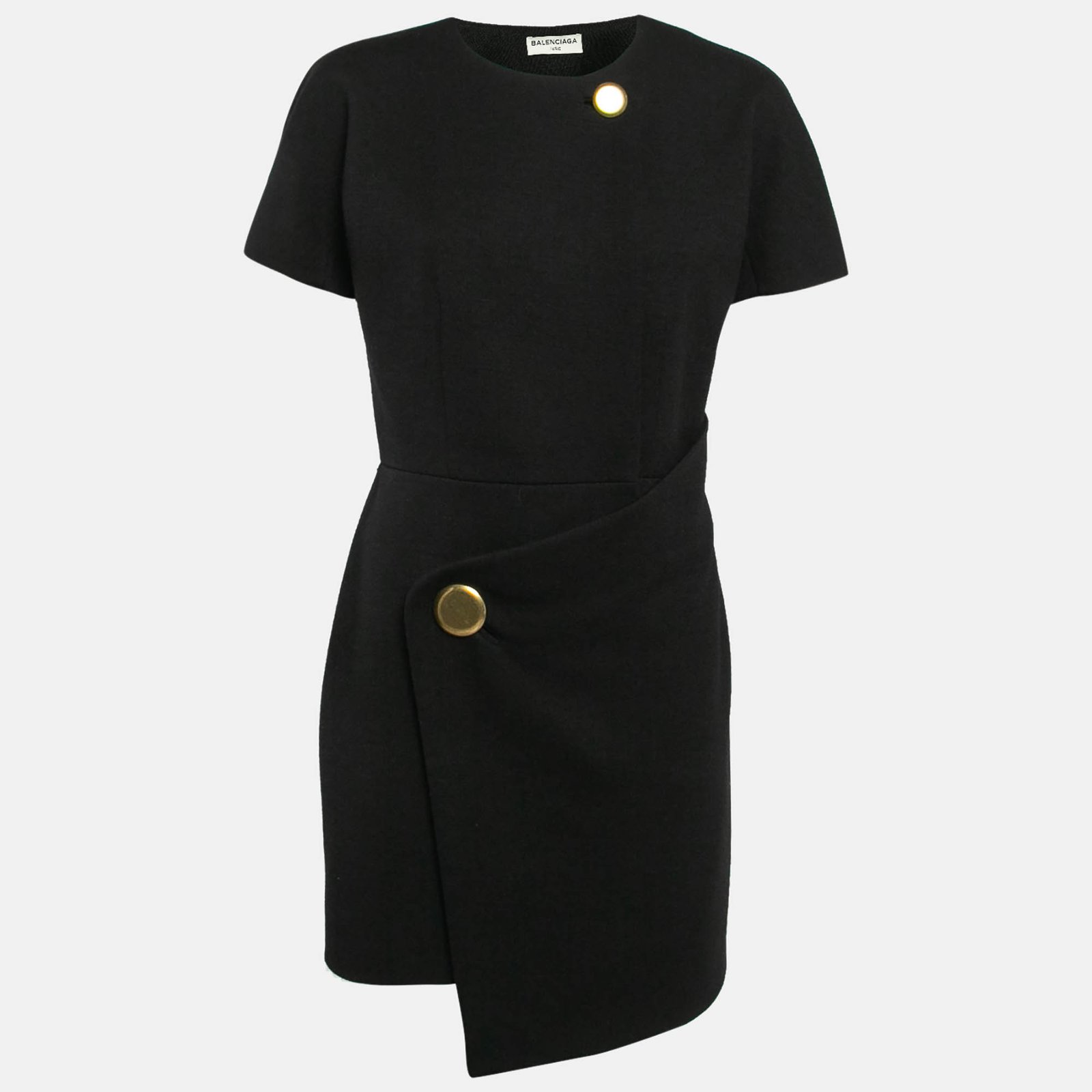 Balenciaga Black Wool Wrap Detail Asymmetric Hem Mini Dress M