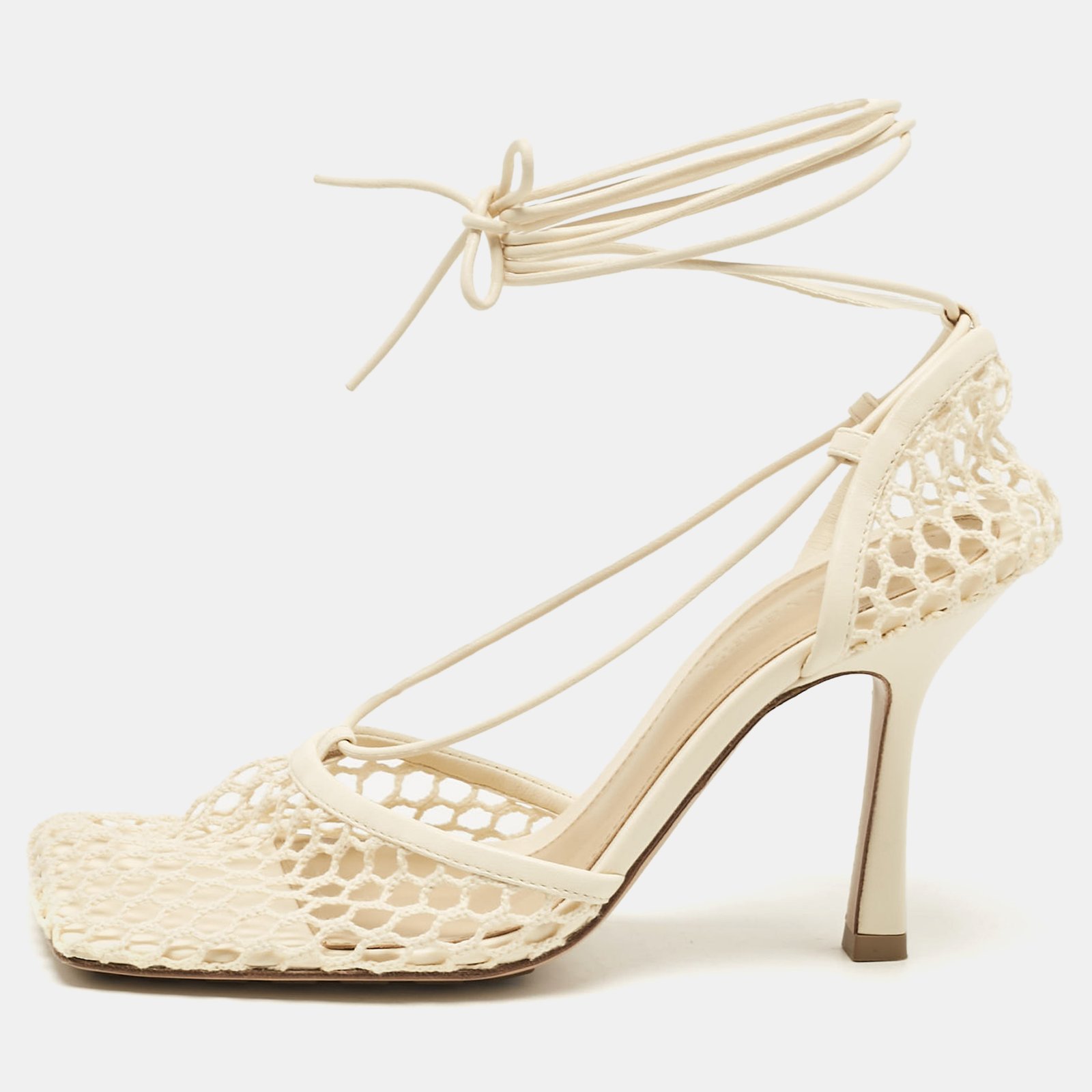Bottega Veneta Cream Leather and Mesh Stretch Ankle Strap Sandals Size 37.5