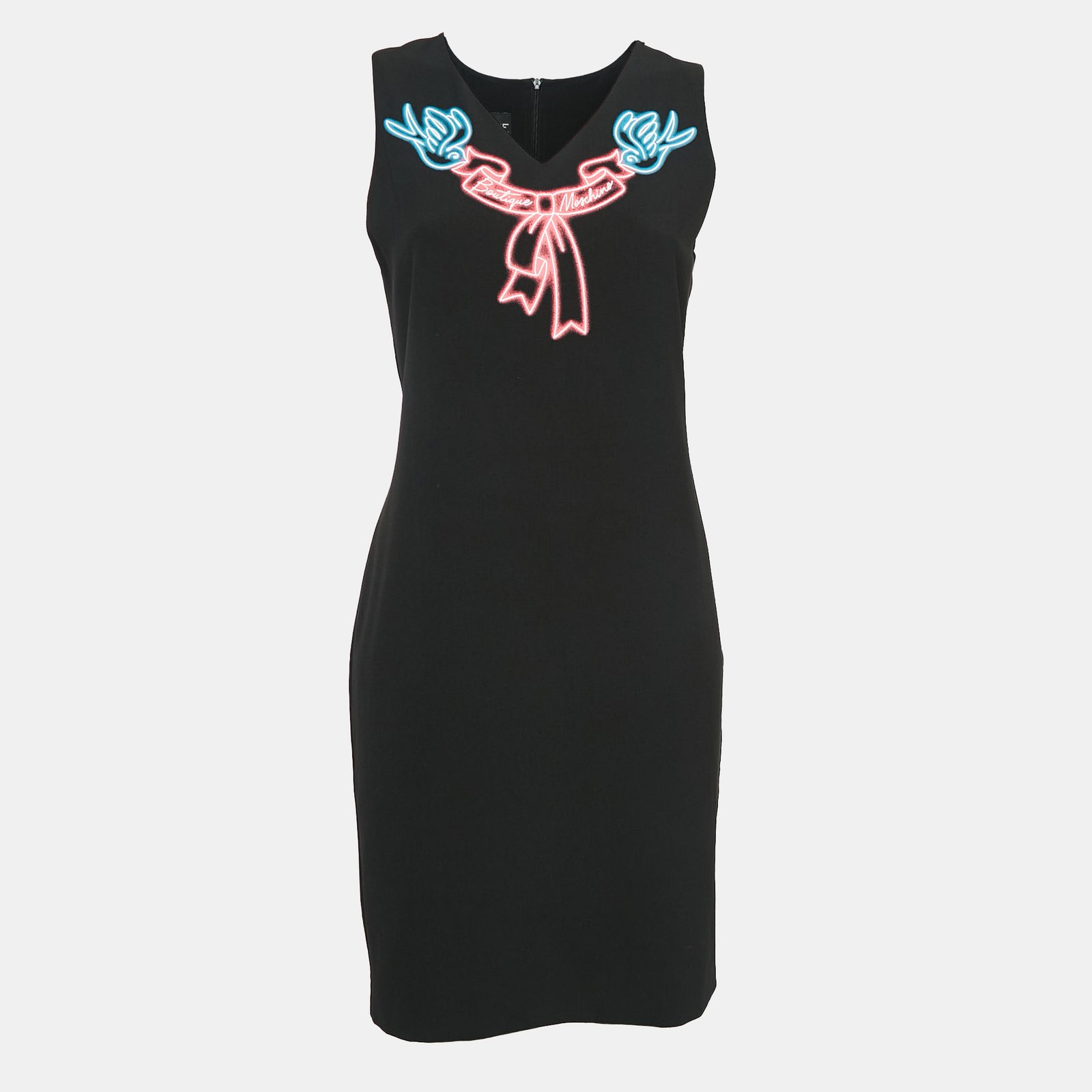 Boutique Moschino Black Printed Crepe Sheath Dress S