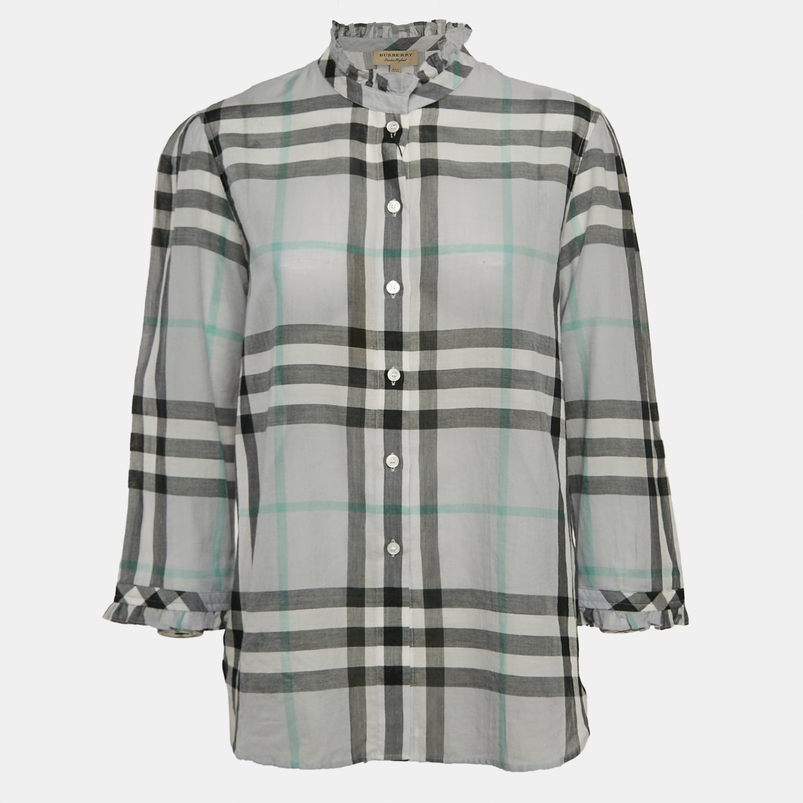 Burberry Grey Checked Cotton Ruffled Shirt S