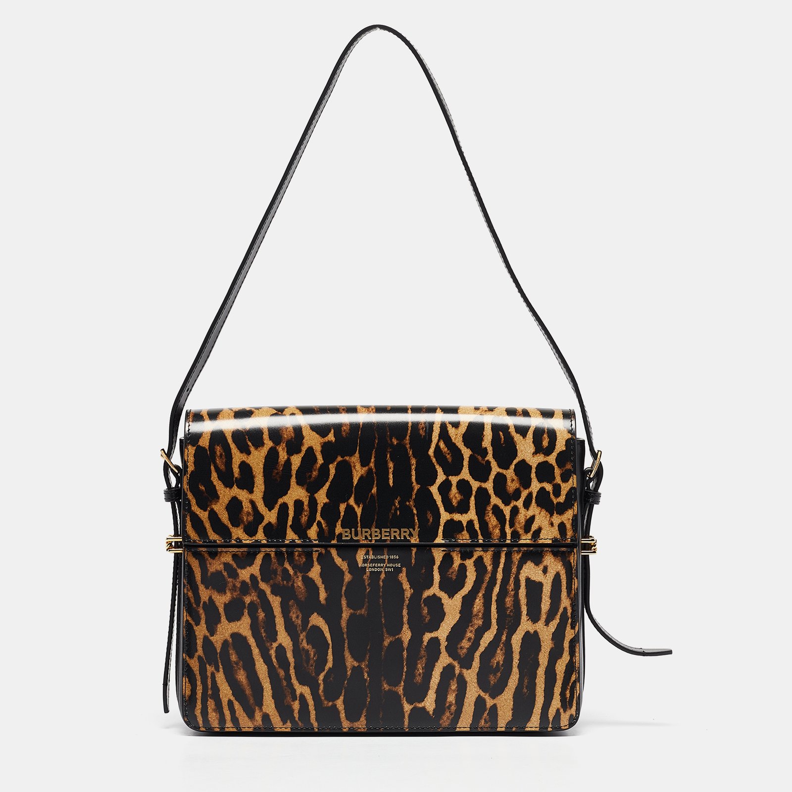 Burberry Black/Cream Leopard Print Glossy Leather Large Grace Shoulder Bag