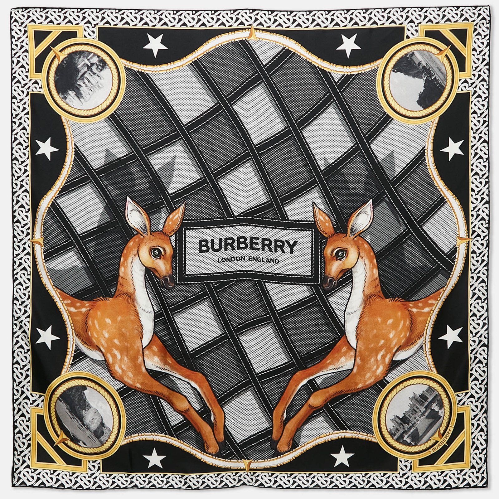 Burberry Black Deer Print Silk Square Scarf