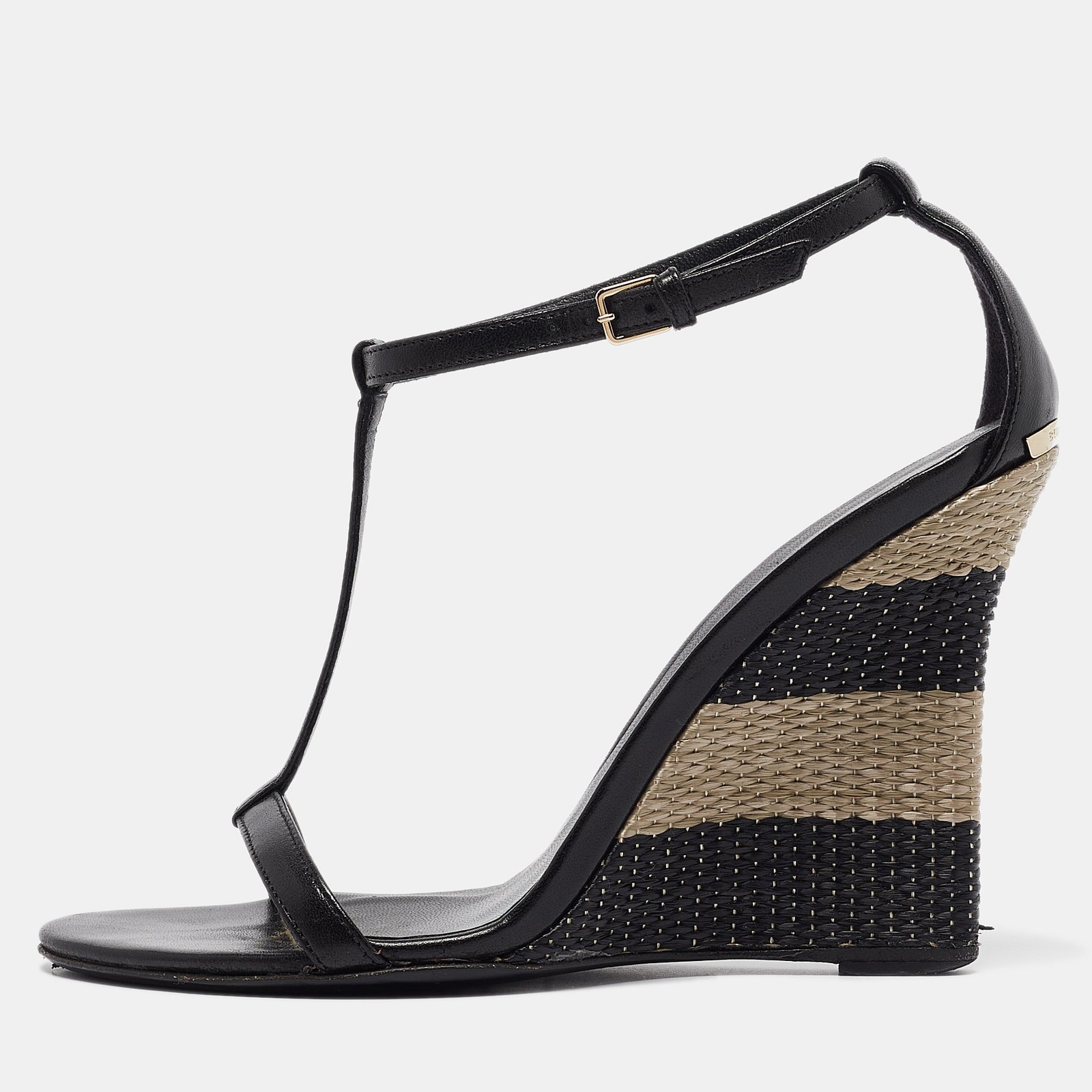Burberry Black Leather Wedge Sandals Size 37