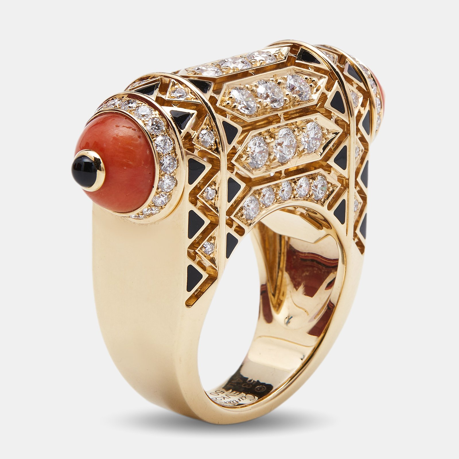 Cartier Geometry and Contrast Multicolor Gemstones Black Lacquer 18k Rose Gold Cocktail Ring Size 53