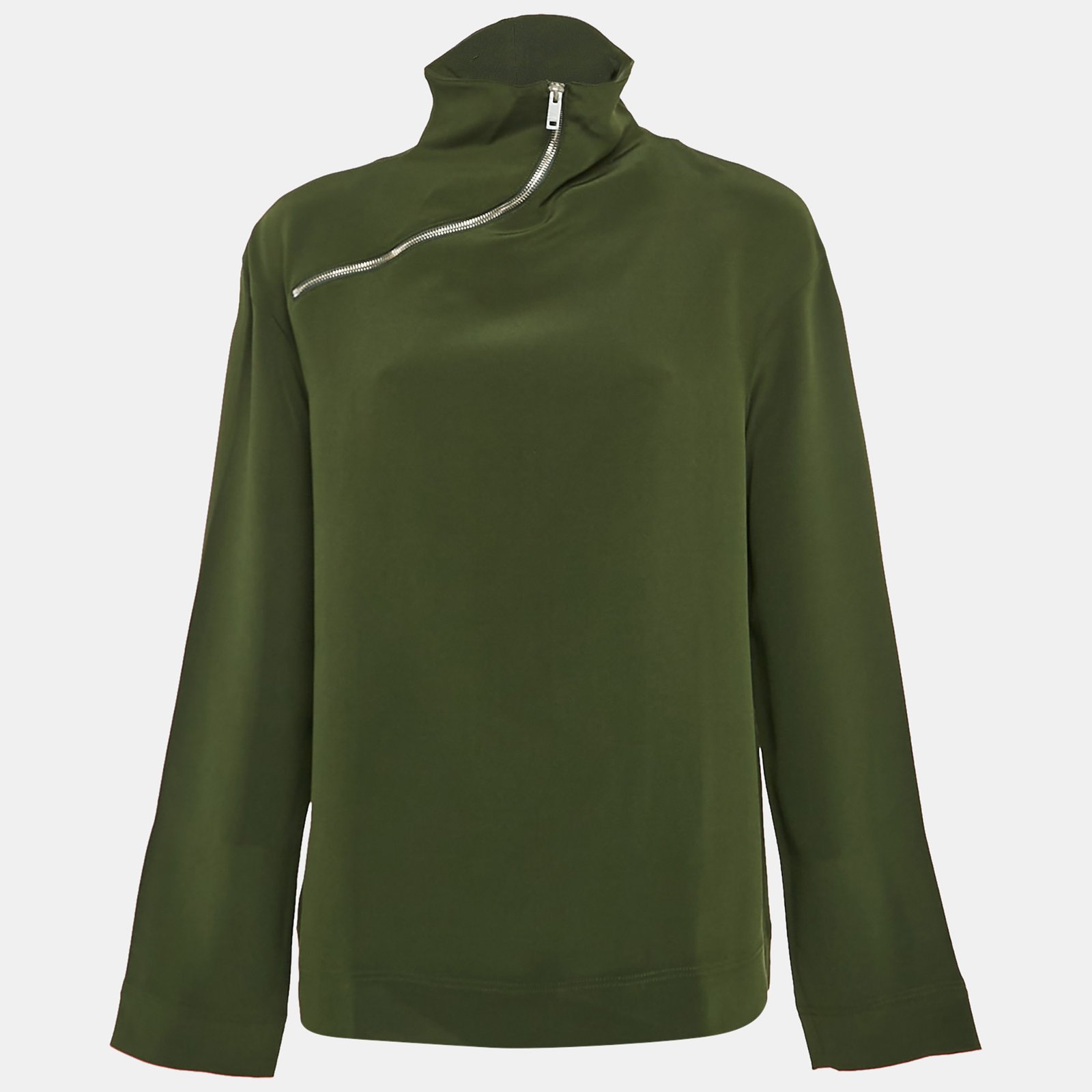 Celine Green Silk Zip Detail High Neck Top M