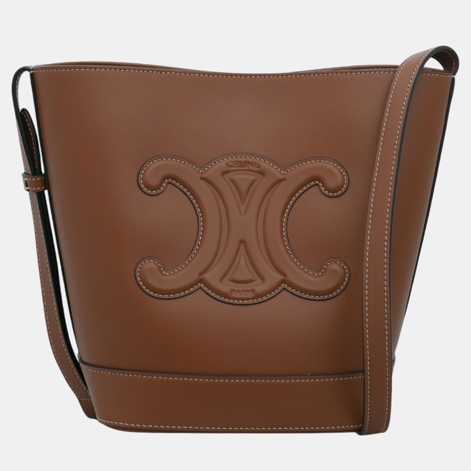 Celine Brown Calfskin Leather Small Triomphe Bucket Bag