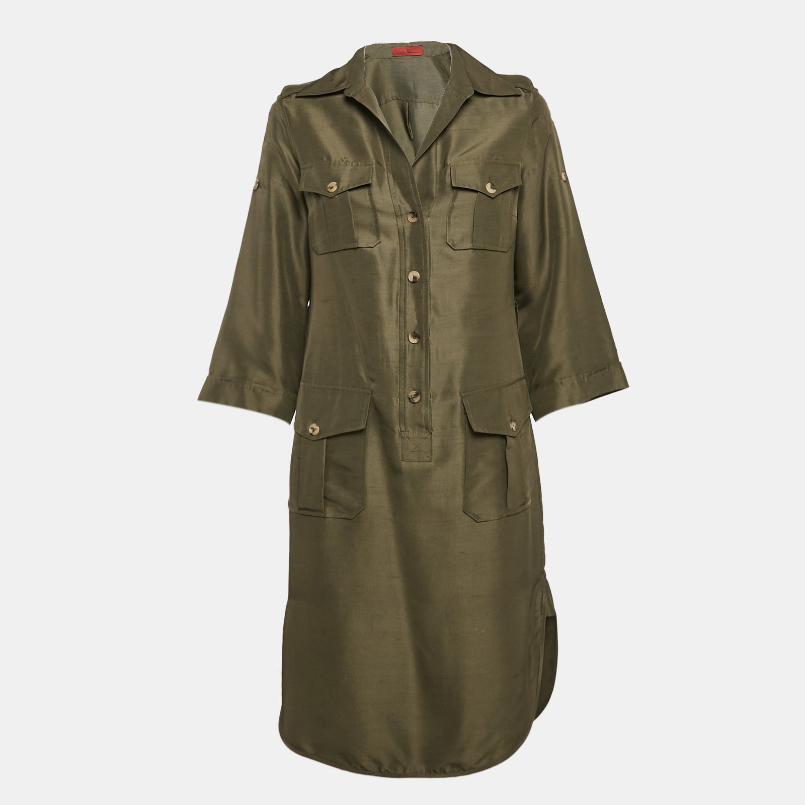 CH Carolina Herrera Olive Green Silk Front Buttoned Short Dress M