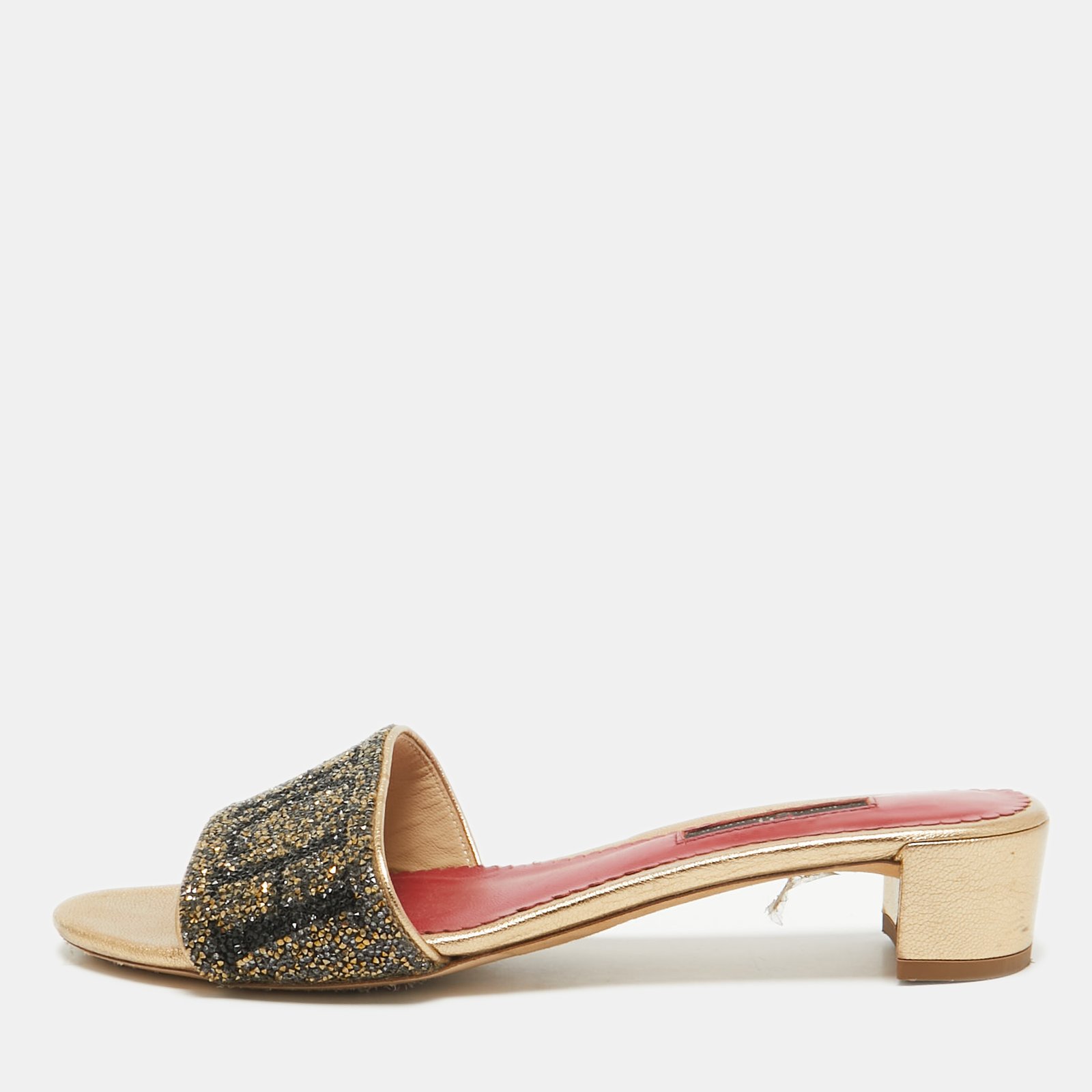 CH Carolina Herrera Gold/Grey Crystals Logo Slide Sandals Size 38