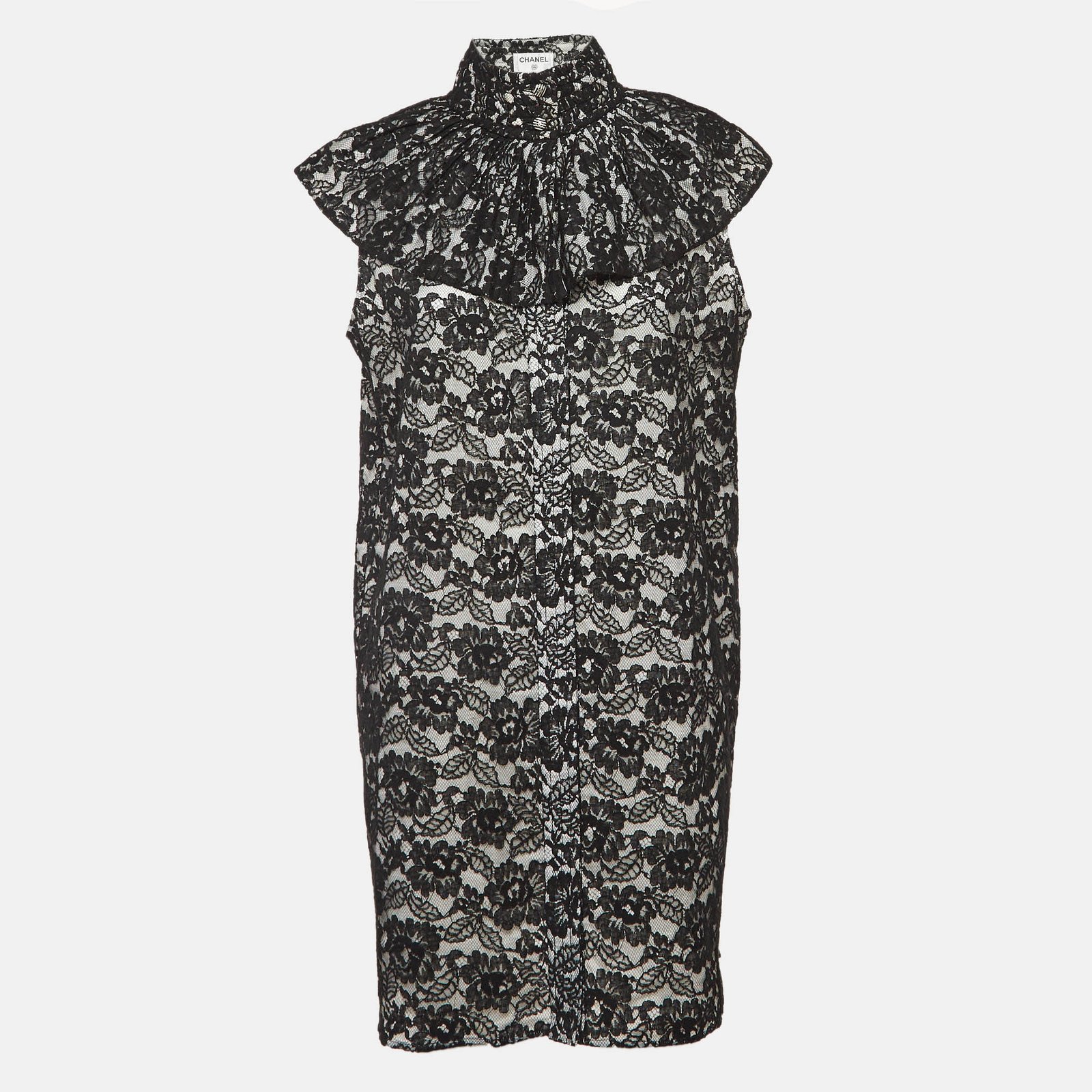 Chanel Black Floral Lace Ruffled High Neck Mini Dress L