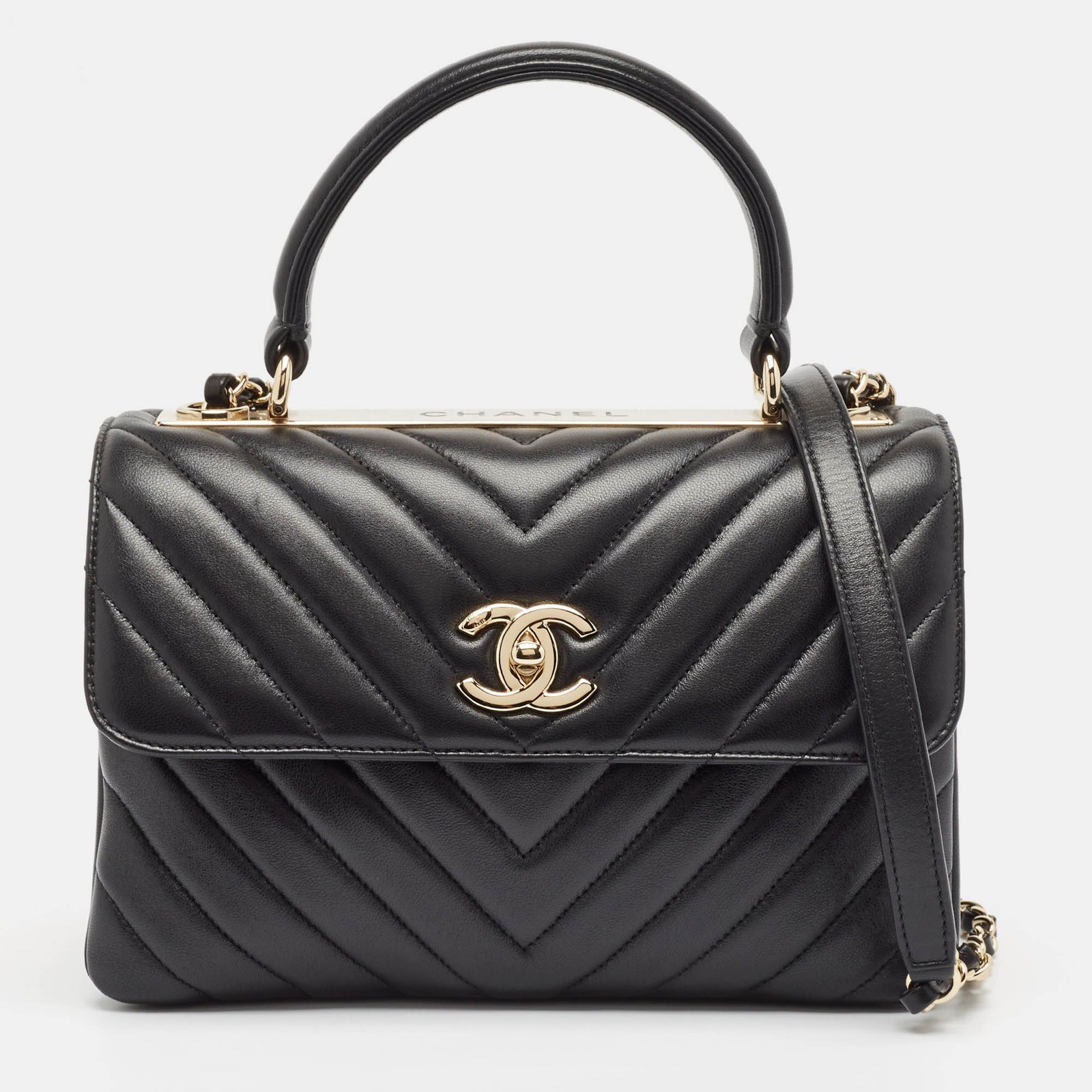 Chanel Black Chevron Leather Small Trendy CC Top Handle Bag