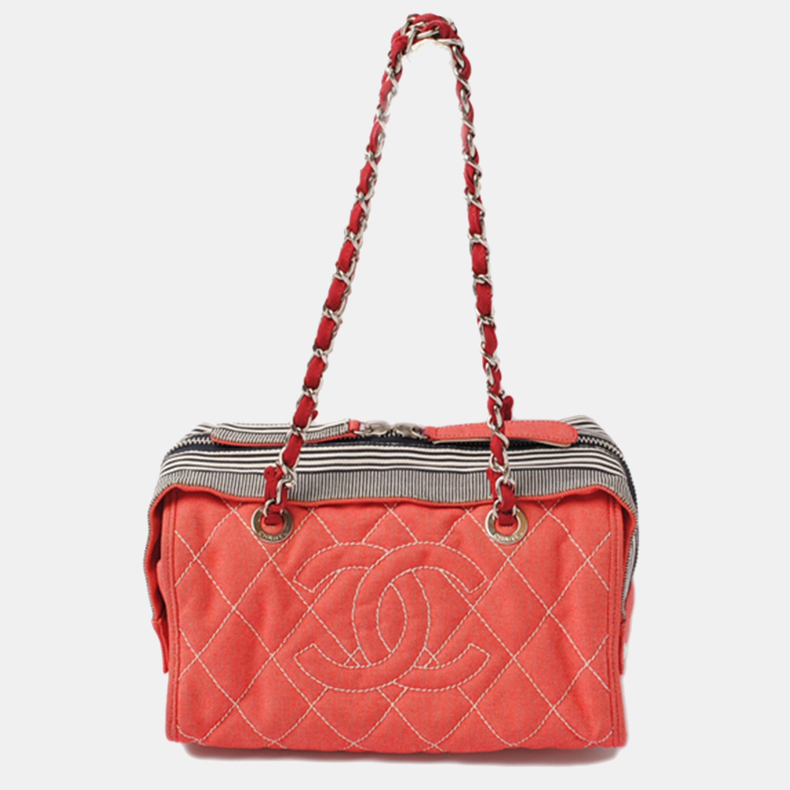 Chanel Red Quilted Denim Medium CC Chain Bowler Bag