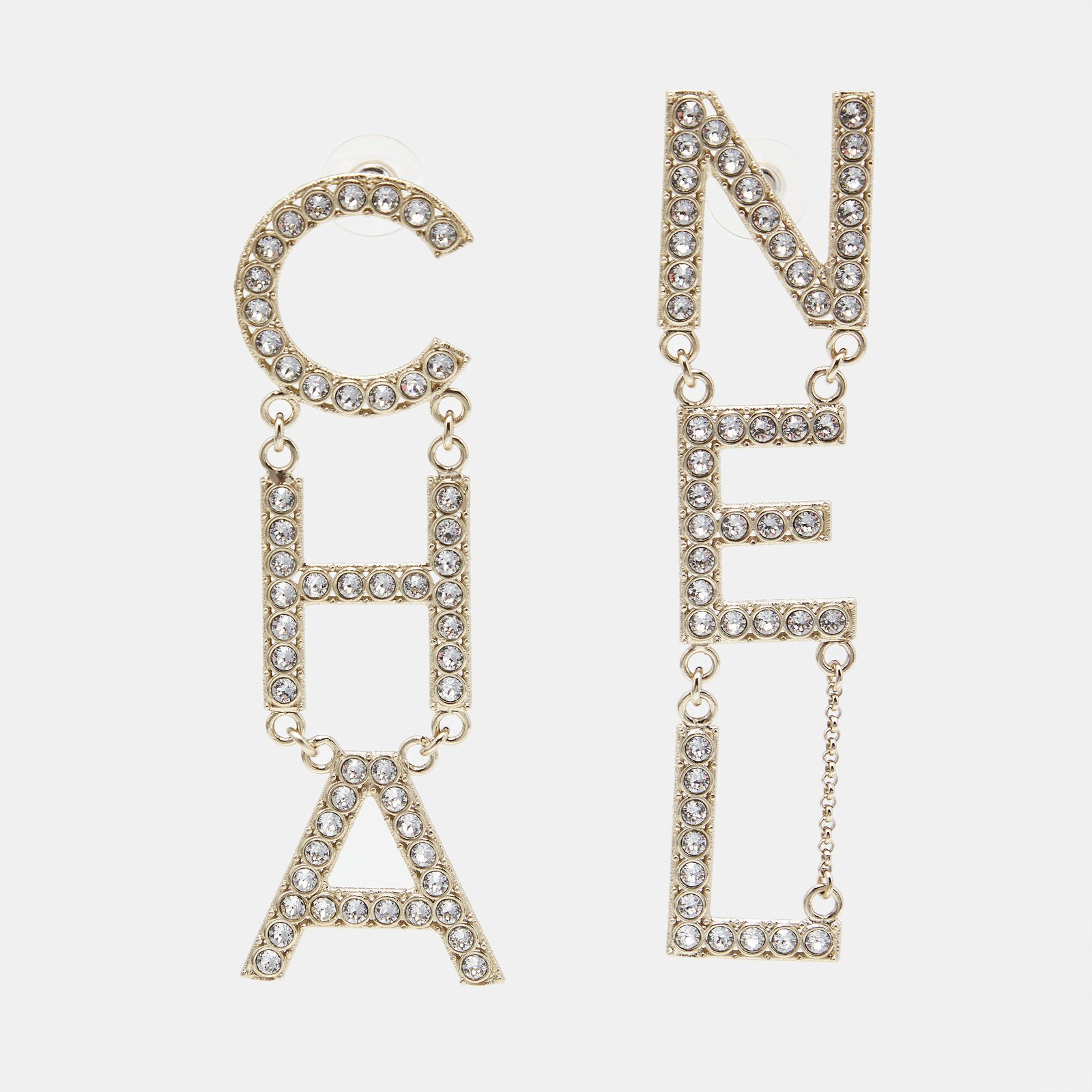 Chanel Pale Gold Tone Crystal Studded Logo Drop Earrings