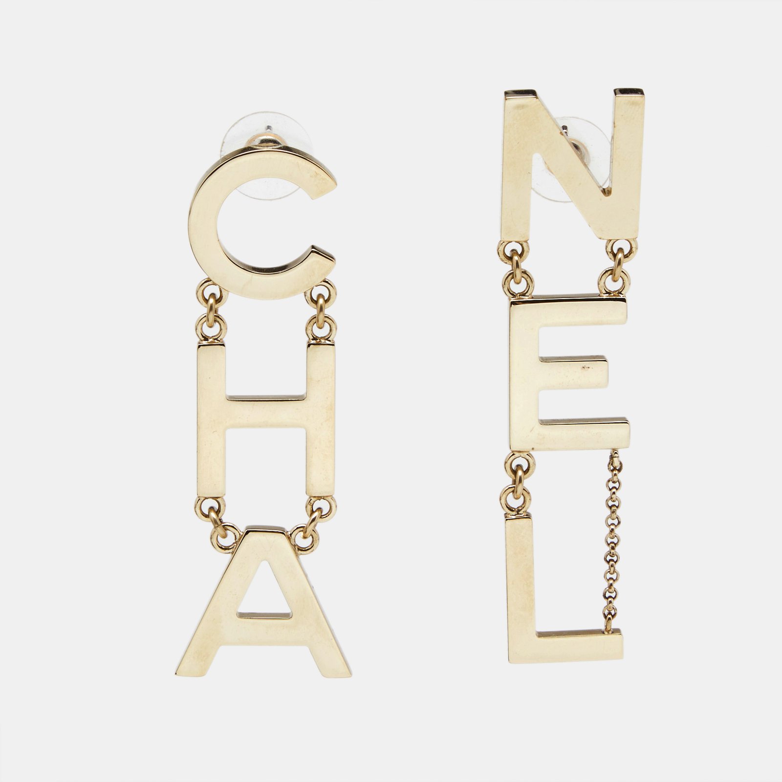 Chanel Letter Gold Tone Drop Earrings