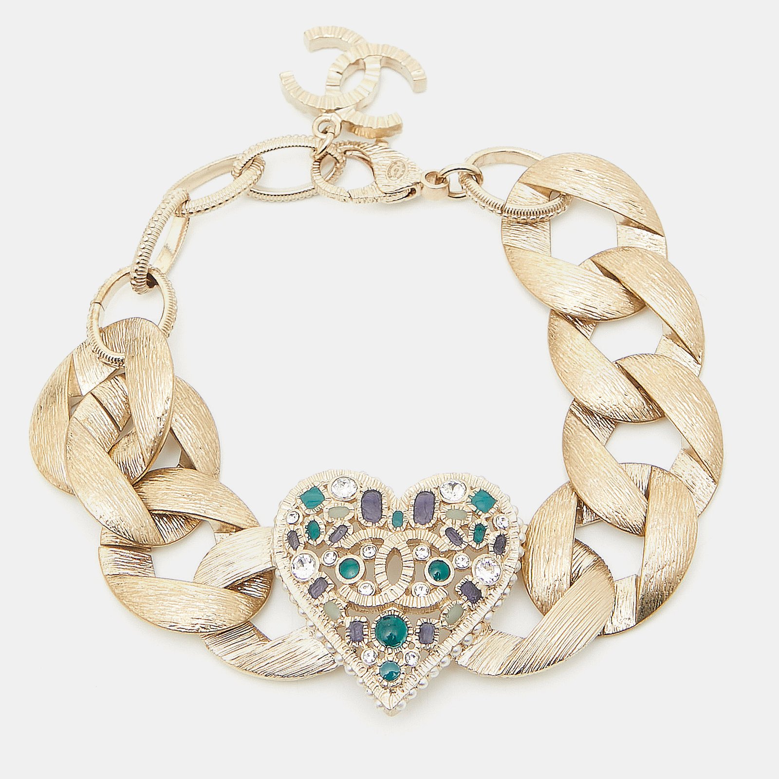 Chanel CC Enamel Crystals Faux Pearl Gold Tone Bracelet