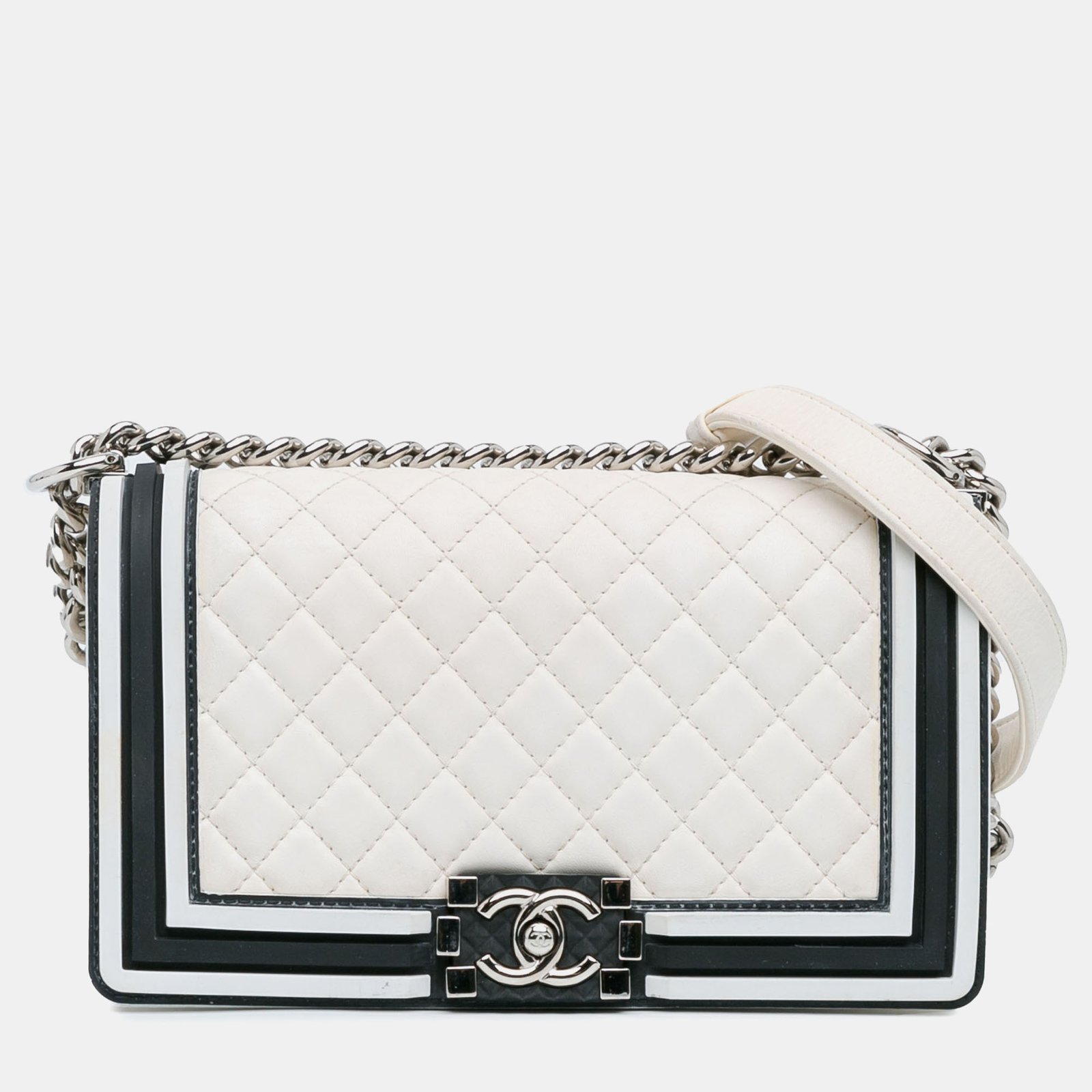 Chanel White/Black Lambskin Rubber Trim Accented Small Boy Bag