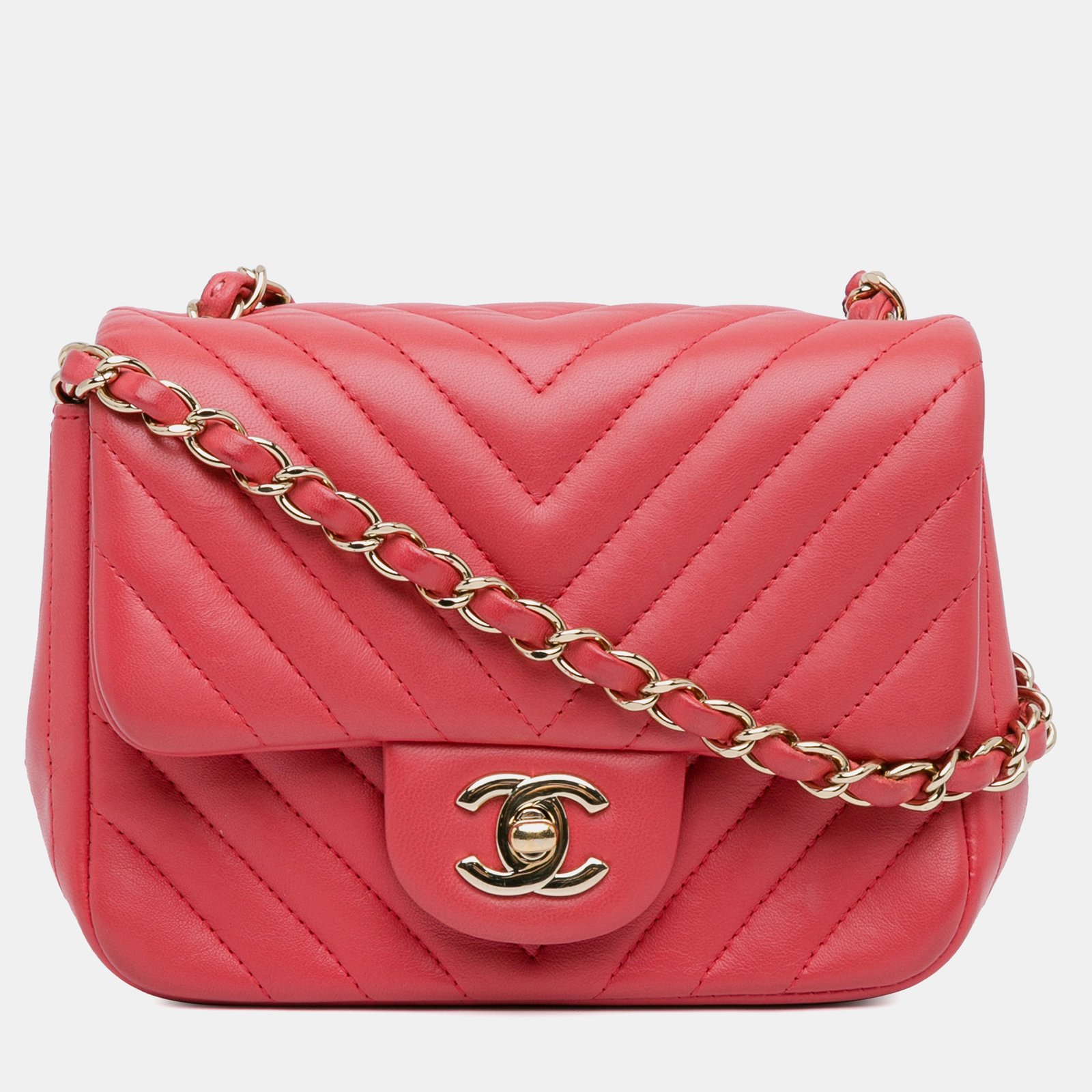 Chanel Pink Lambskin Chevron Quilted Mini Square Flap Bag