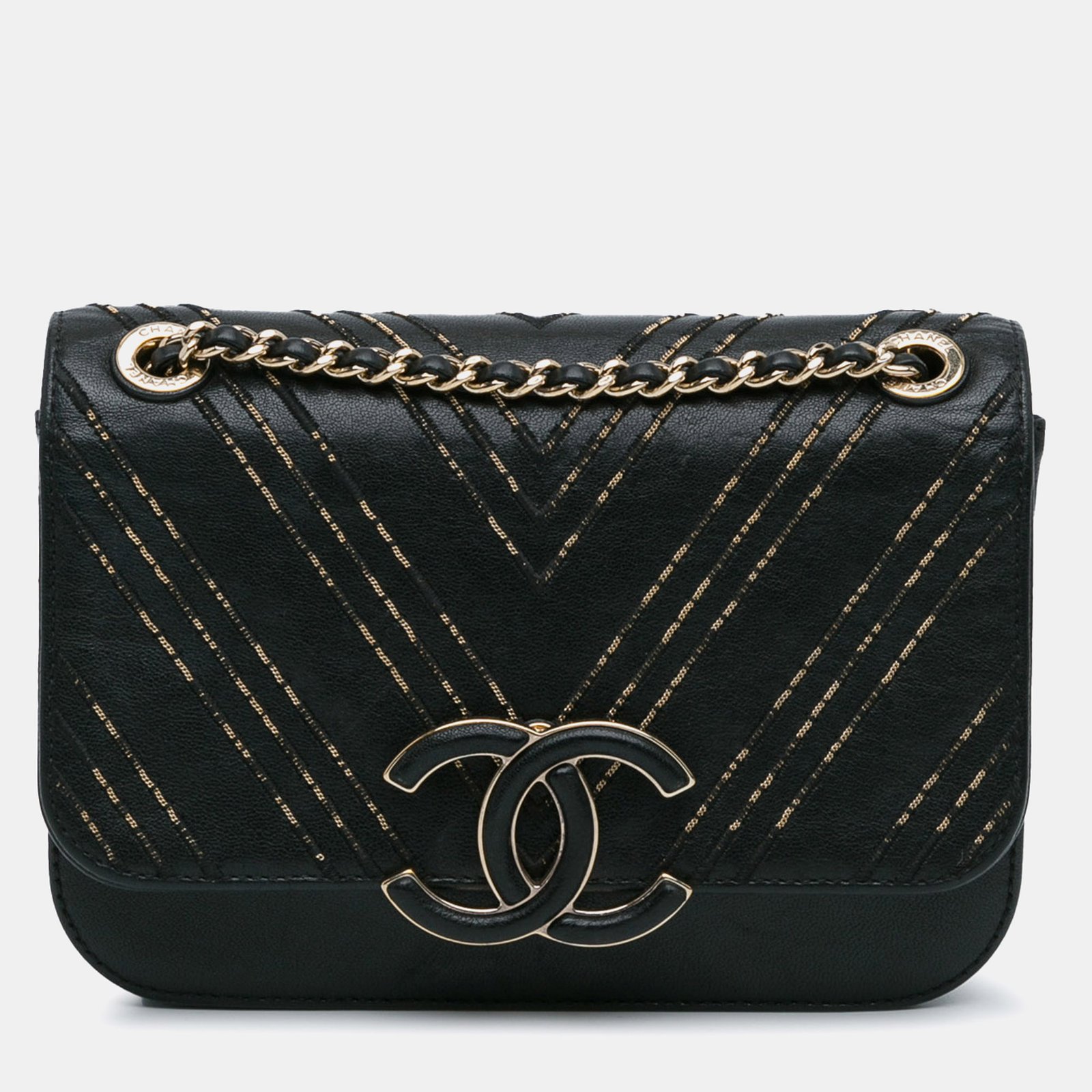 Chanel Black Lambskin Chain Chevron CC Clutch