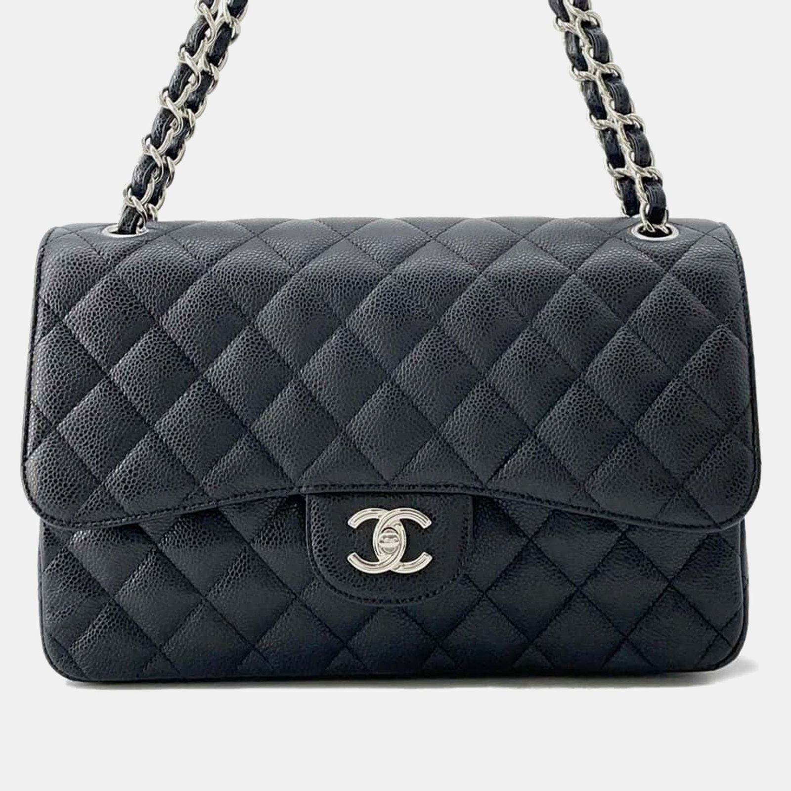 Chanel Black Caviar Leather Classic Double Flap Jumbo Shoulder Bag