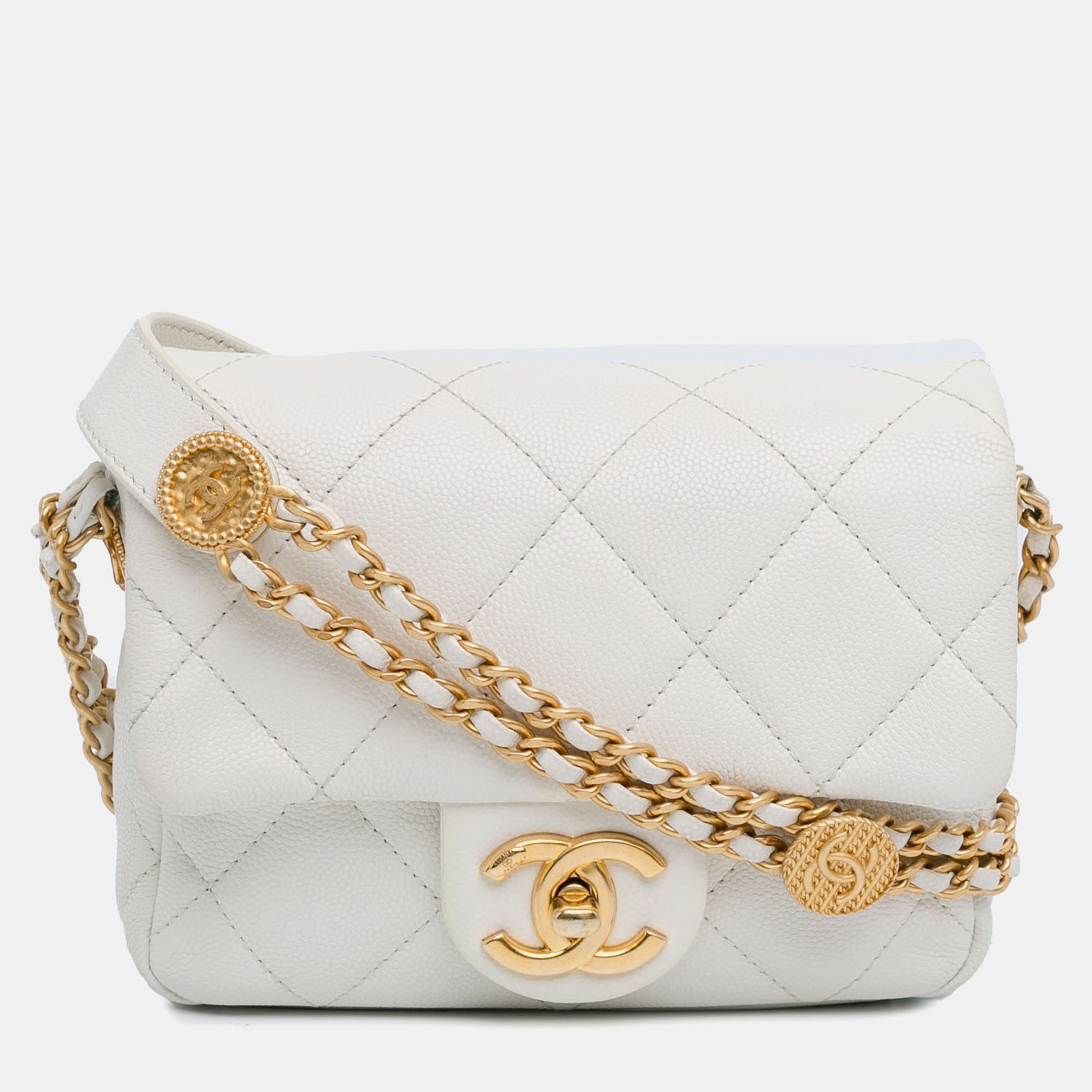 Chanel White Caviar Leather Mini Twist Your Buttons Flap Bag