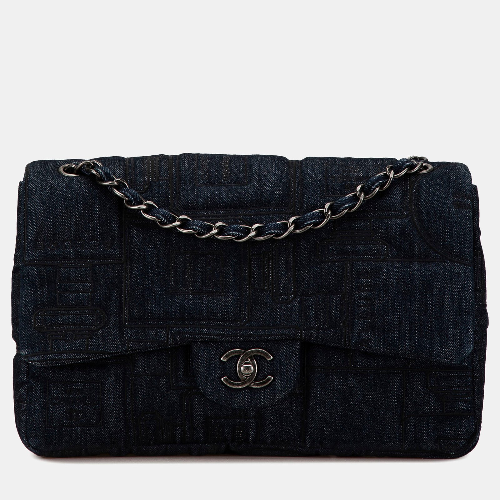 Chanel Embroidered Denim Perfume Bottle Jumbo Single Flap Bag