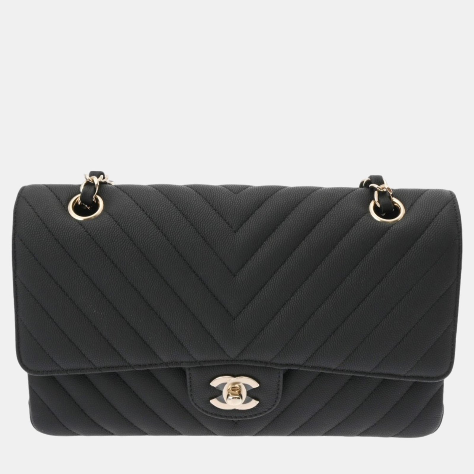 Chanel black caviar skin V-stitched chain shoulder bag 25cm