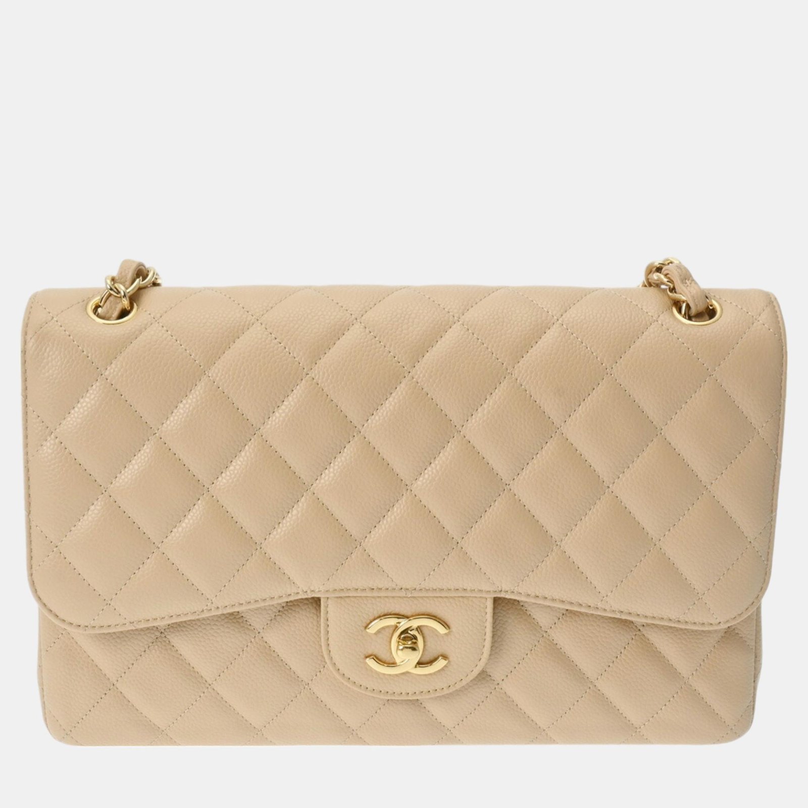 Chanel Beige Caviar Skin Matelasse Chain Shoulder Double Flap 30cm Bag