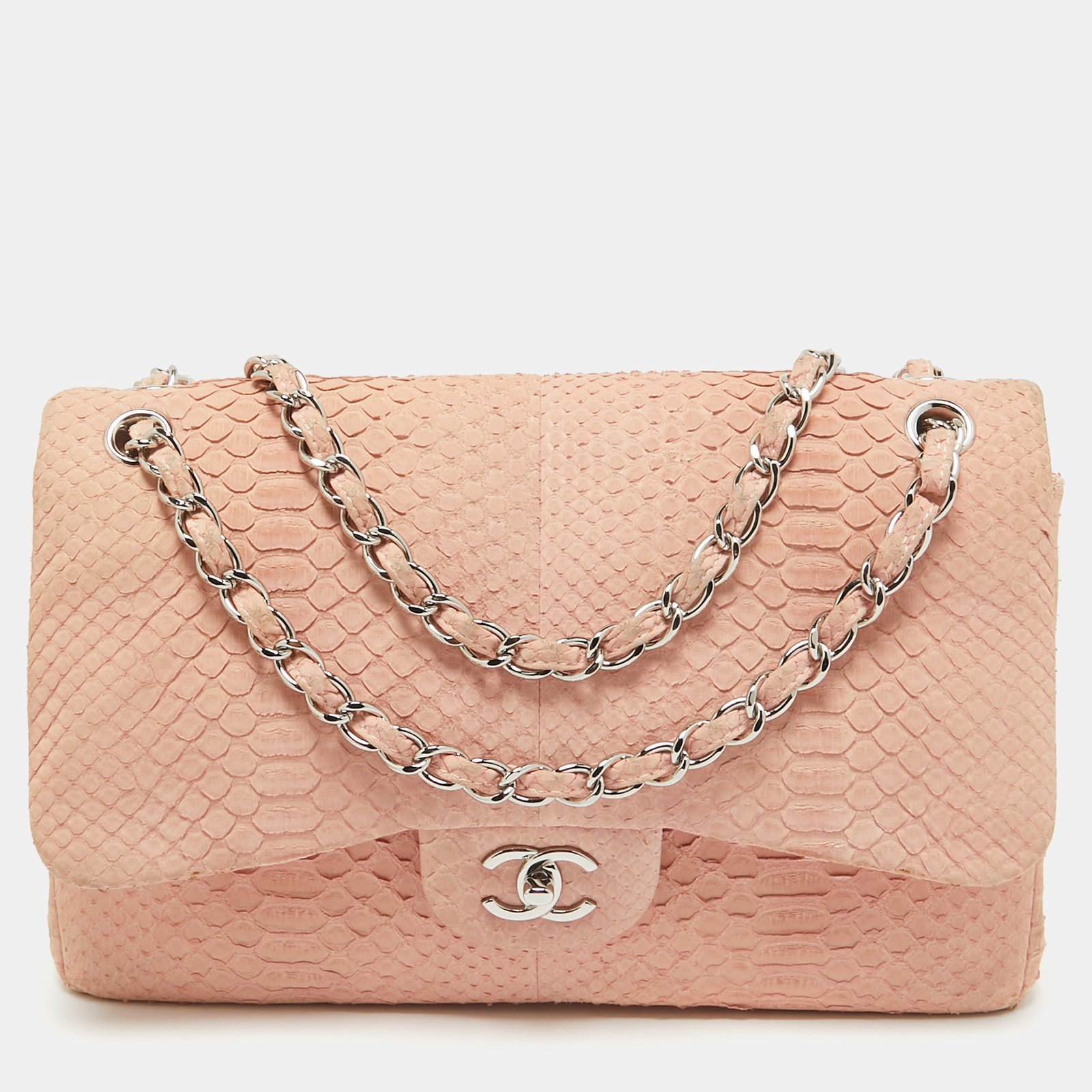 Chanel Light Pink Python Jumbo Classic Double Flap Bag