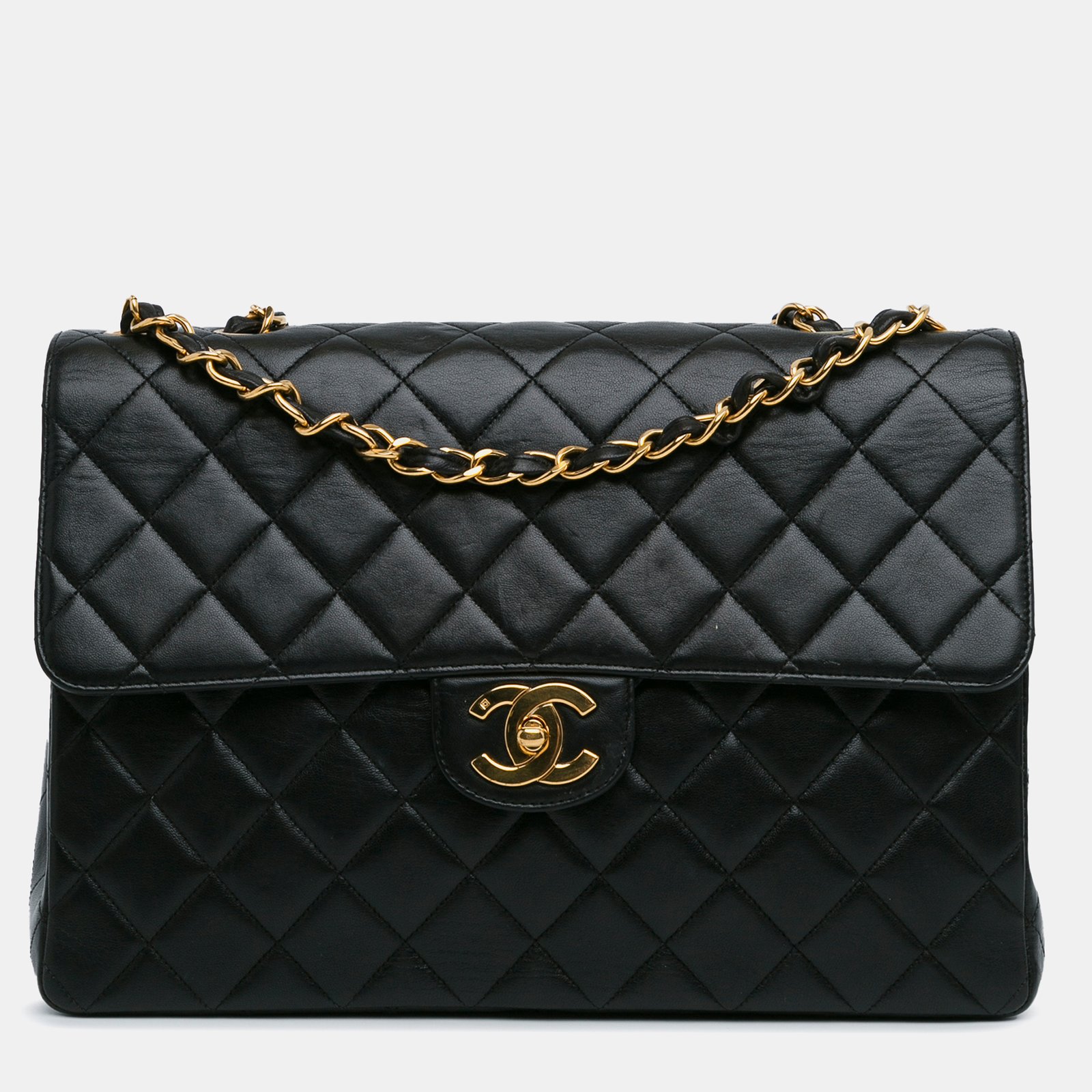 Chanel Black Leather Classic Lambskin Single Flap Jumbo Bag