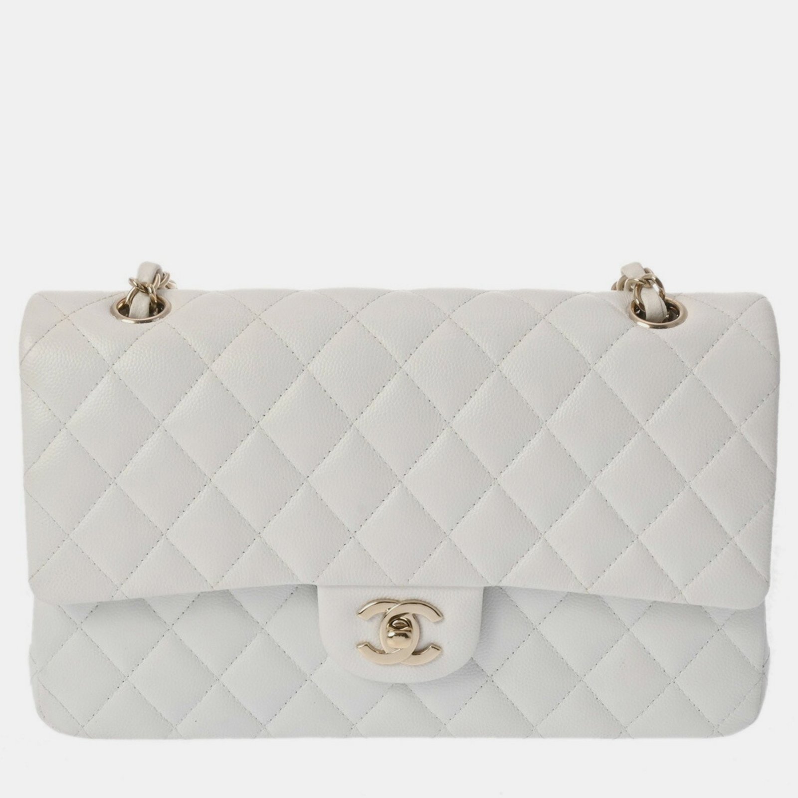 Chanel White Caviar Skin Matelasse Chain Shoulder Double Flap 25cm Bag