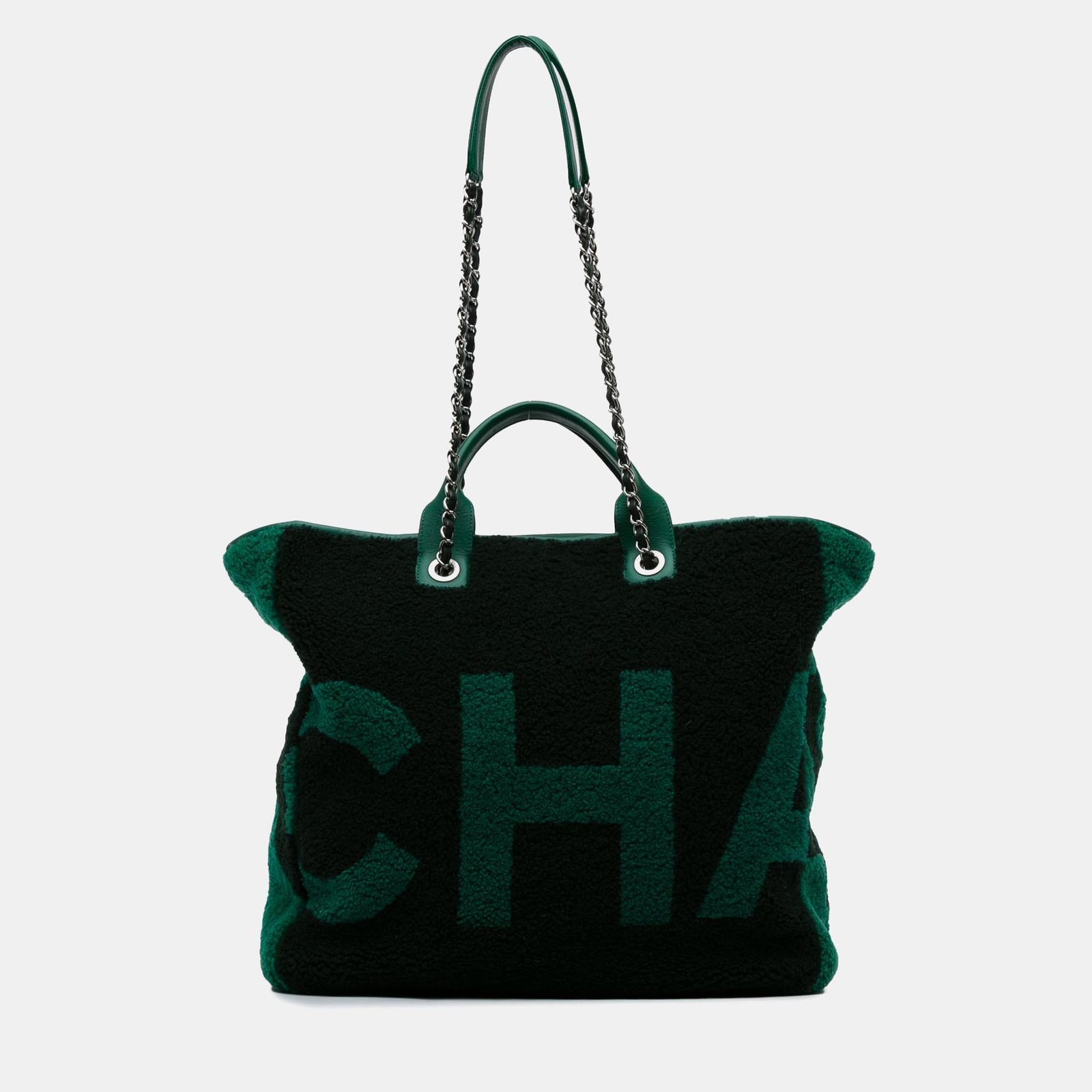 Chanel Black/Green Shearling and Calfskin Large Deauville Shopping Tote Bag