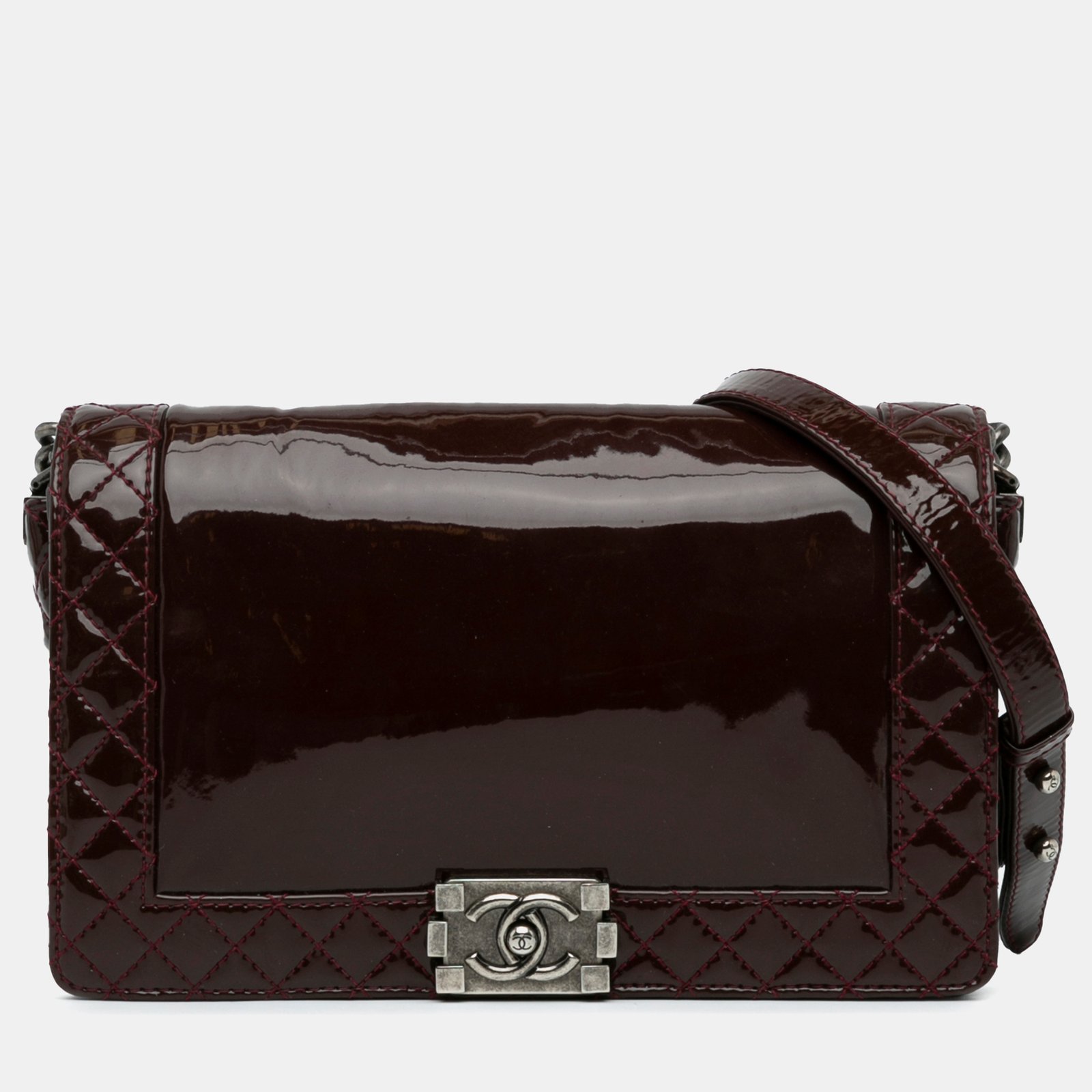 Chanel Burgundy Patent Leather Medium Reverso Boy Flap Bag