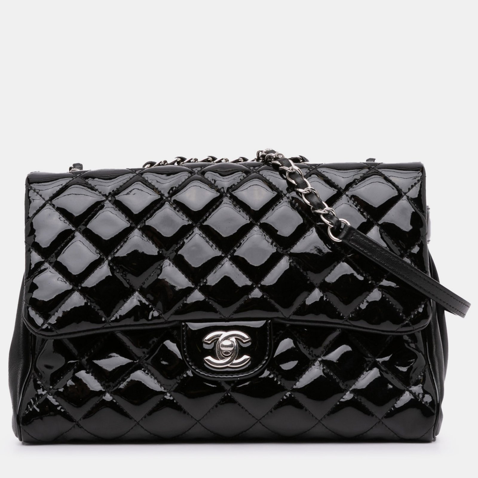Chanel Black Quilted Patent Double Compartment Large Flap Bag