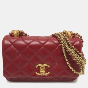 Chanel Red Lambskin Coco Mark Matelasse 3 Chain Shoulder Bag