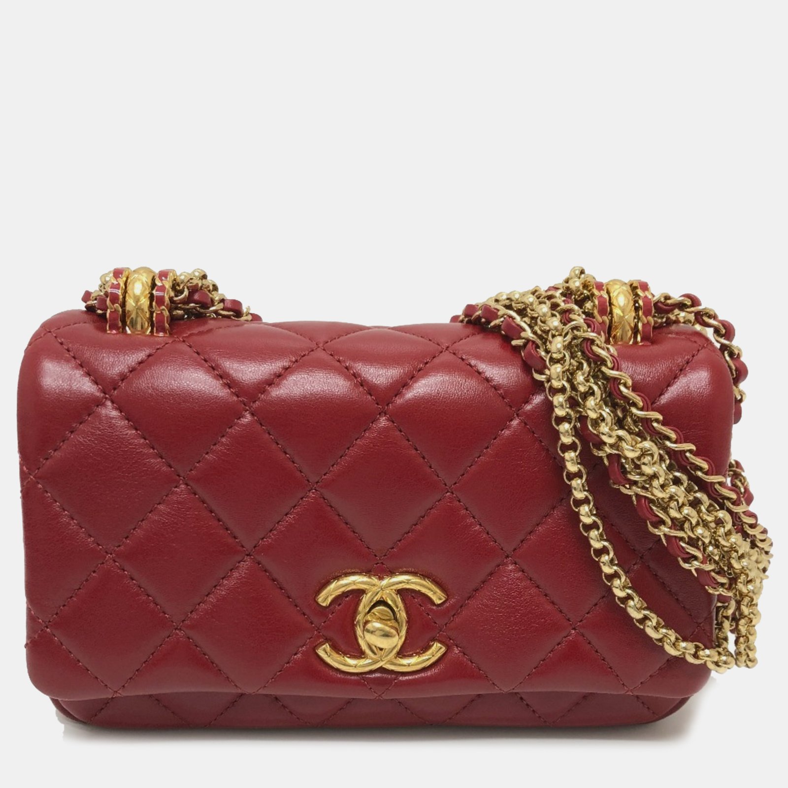 Chanel Red Lambskin Coco Mark Matelasse 3 Chain Shoulder Bag