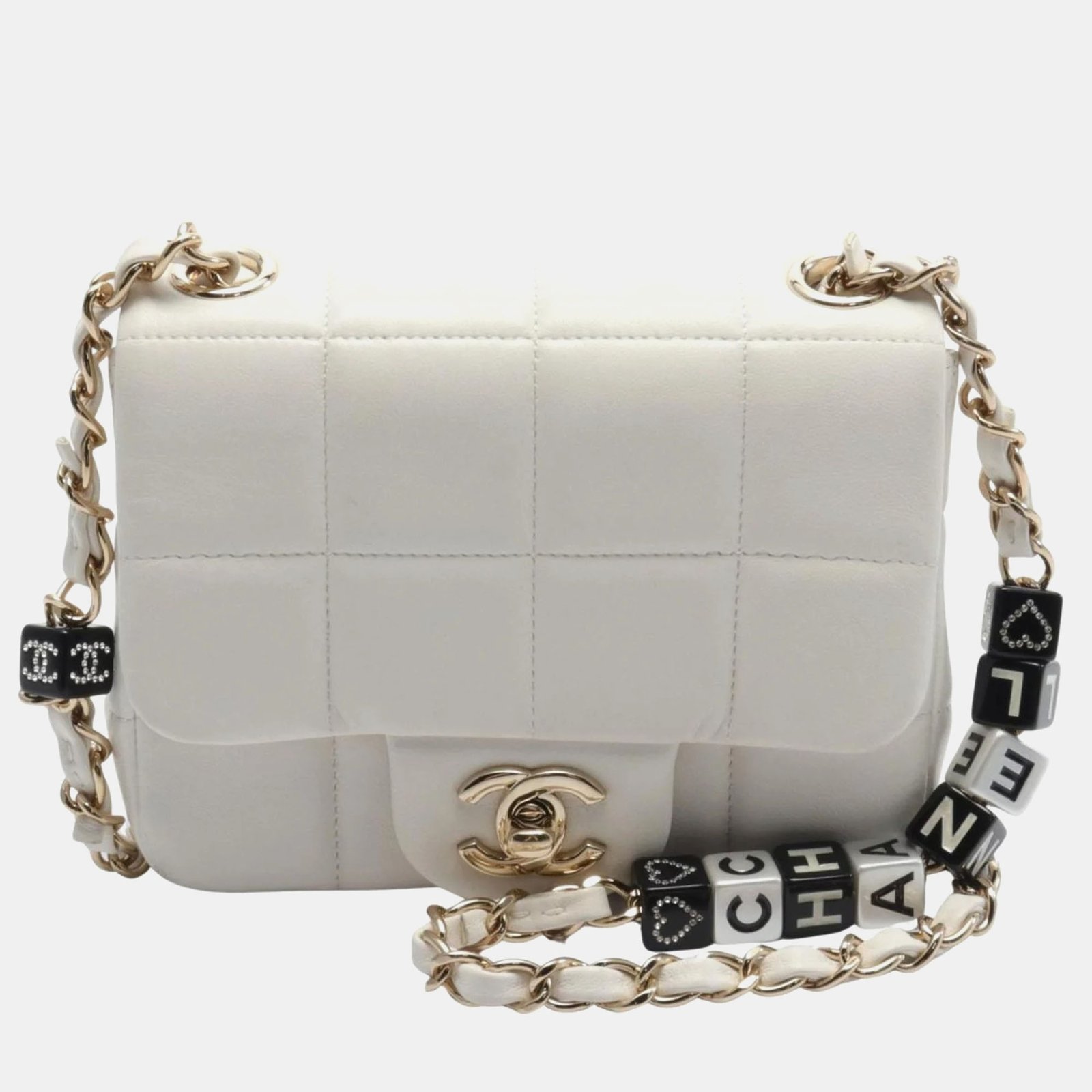 Chanel White Leather Chocolate Bar Flap Shoulder Bag