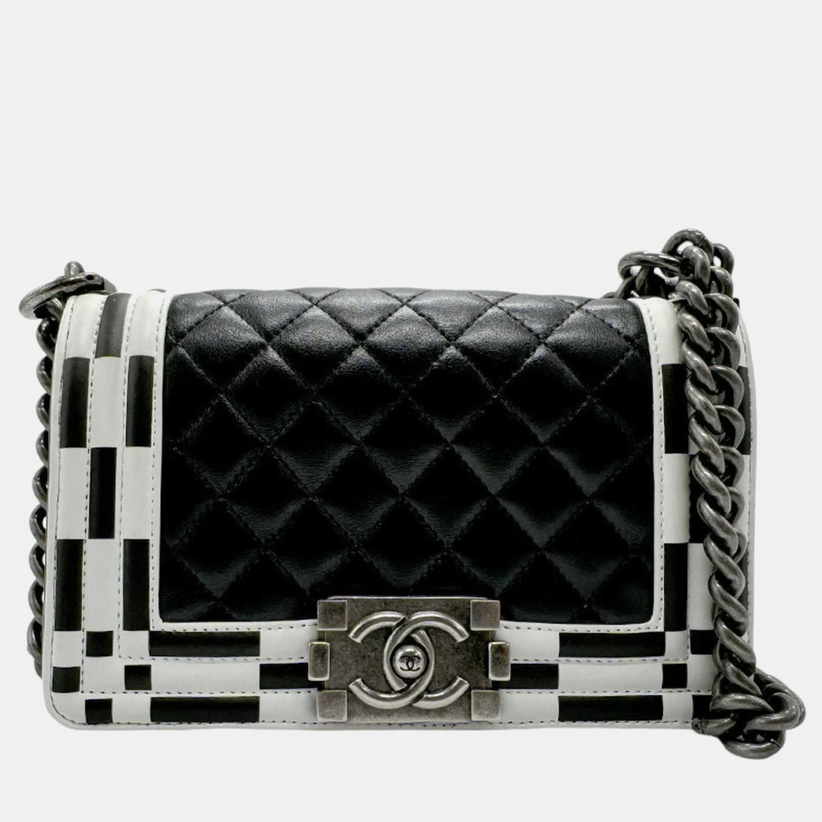 Chanel Black White Leather Boy Shoulder Bag